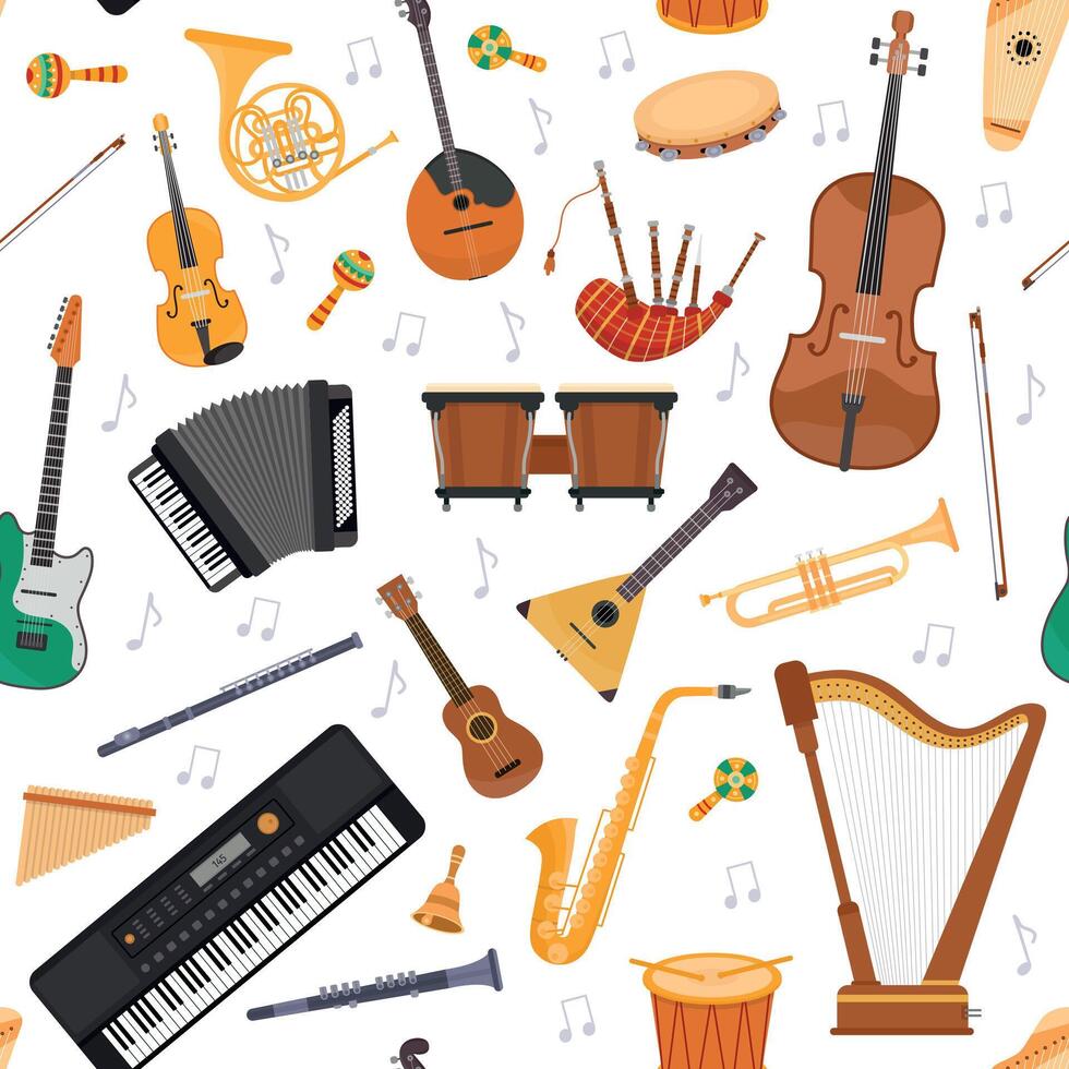 sin costura modelo con plano musical orquesta instrumentos y notas instrumentos de cuerda, percusión y viento instrumento. dibujos animados música vector antecedentes