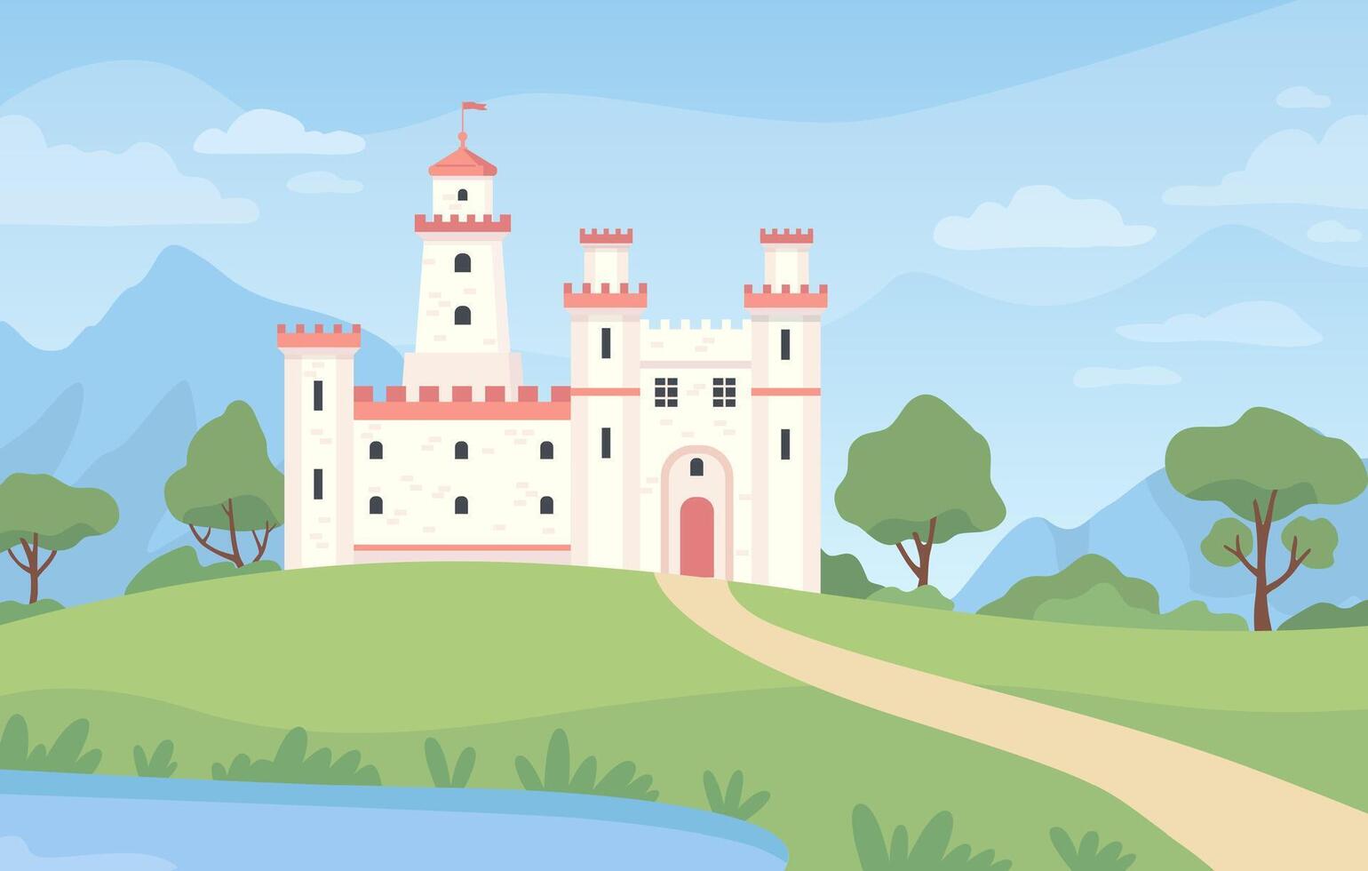 paisaje con medieval castillo. dibujos animados fantasía real palacio con torres antiguo Reino edificio, verde prado, estanque y azul cielo vector escena