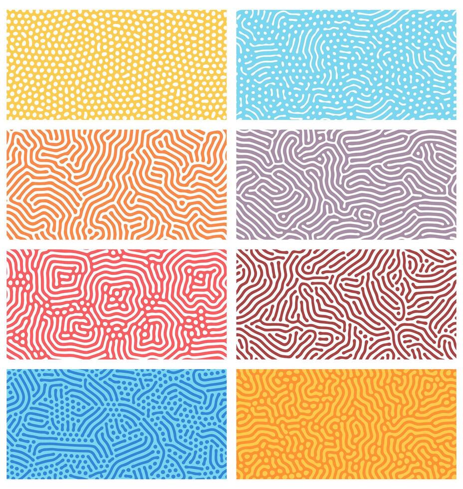 Diffusion seamless patterns. Modern bio organic Turing design with abstract stipple, dots and lines. Geometric ornament vector textures set