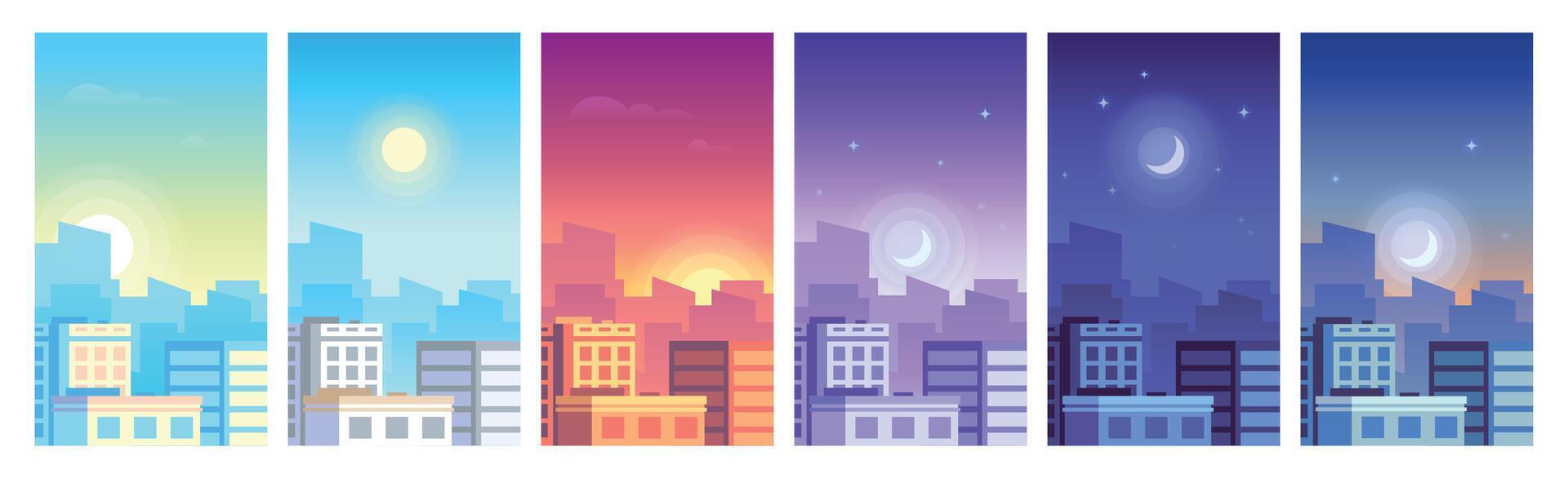 ciudad paisaje. tiempo de día paisaje urbano amanecer, día, puesta de sol y noche ciudad horizonte, edificios en diferente hora vector