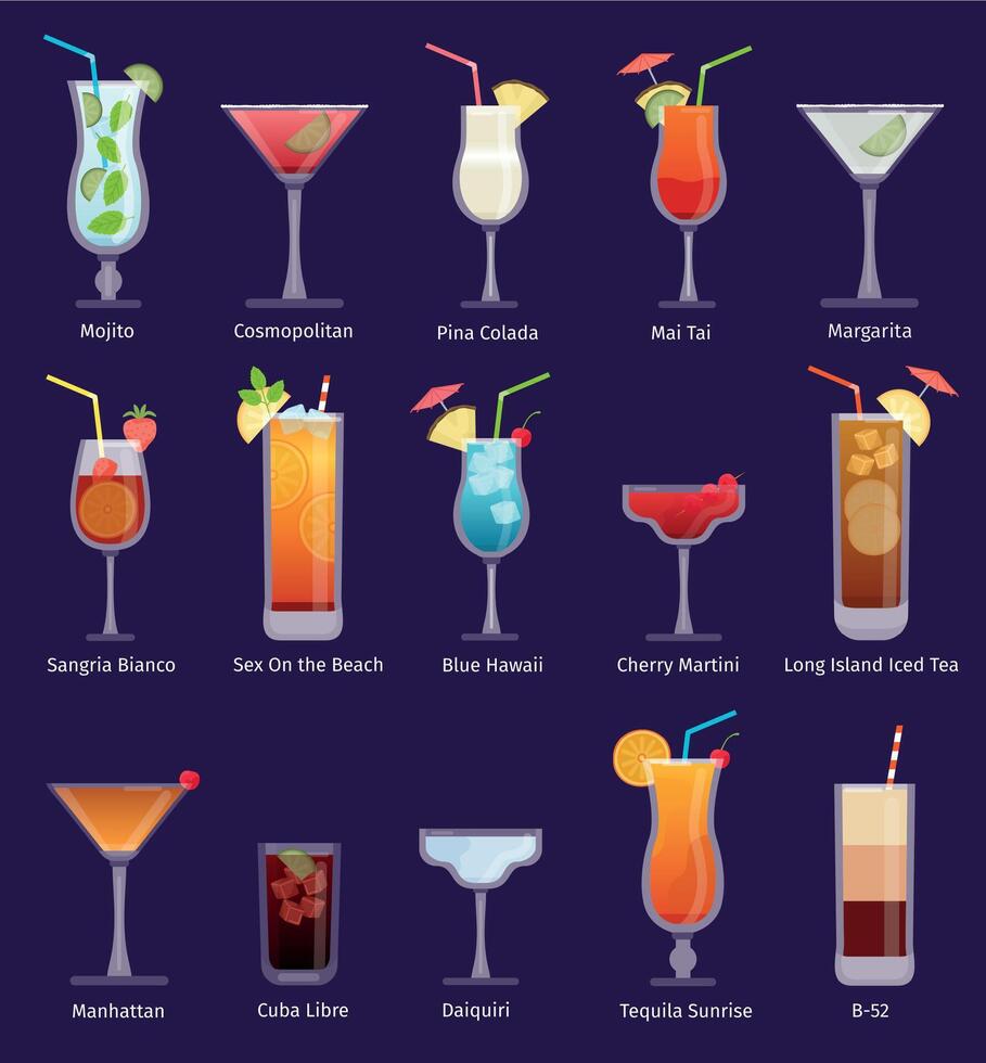Alcohol cocktails, pina colada, martini, margarita and tequila. Flat tropical drinks and beverages in glasses. Classic cocktail vector set