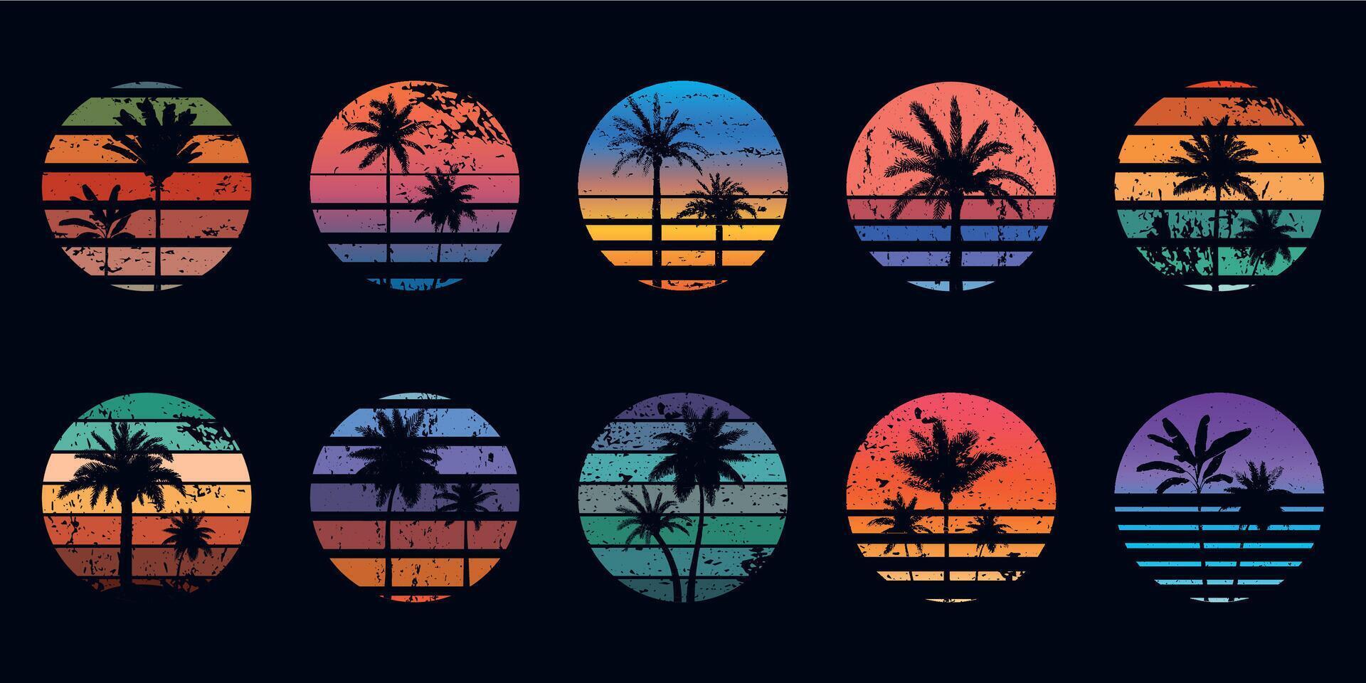 Retro 80s sunsets with palm trees silhouettes for t-shirt prints. Vintage surf design. Tropic summer sundown or sunrise gradient vector set