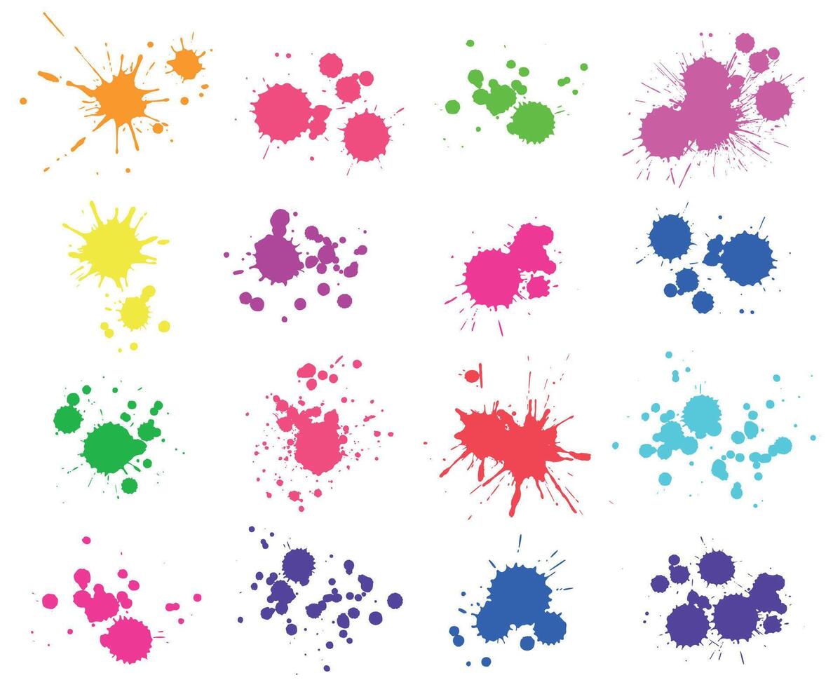 Color paint splatter. Bright ink stains and spray blots isolated on white. Watercolor spaint, spot or drop elements vector