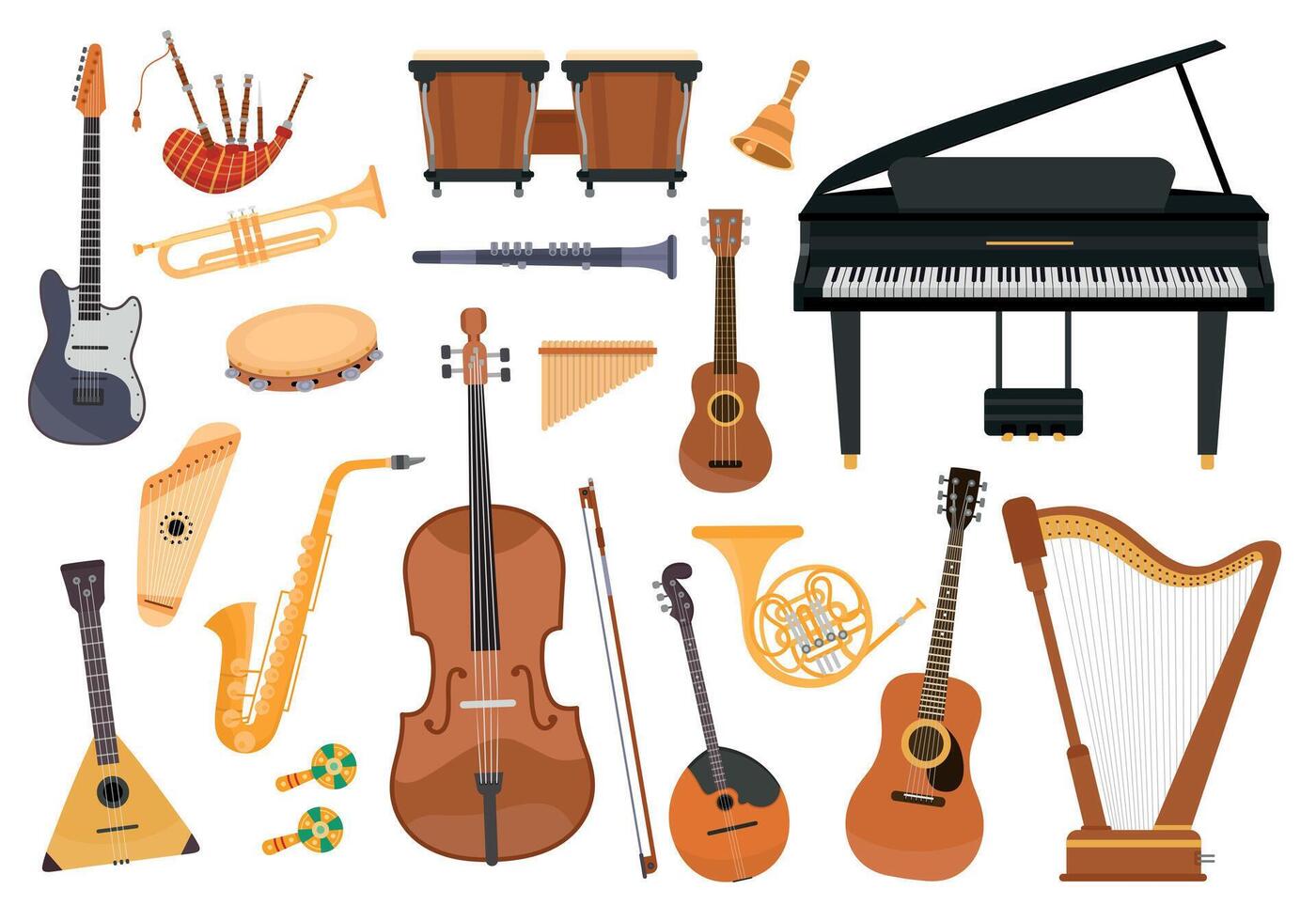 dibujos animados clásico música instrumentos, piano, trombón y arpa. gente orquesta equipo, pandereta, tubería, ukelele y guitarra vector conjunto