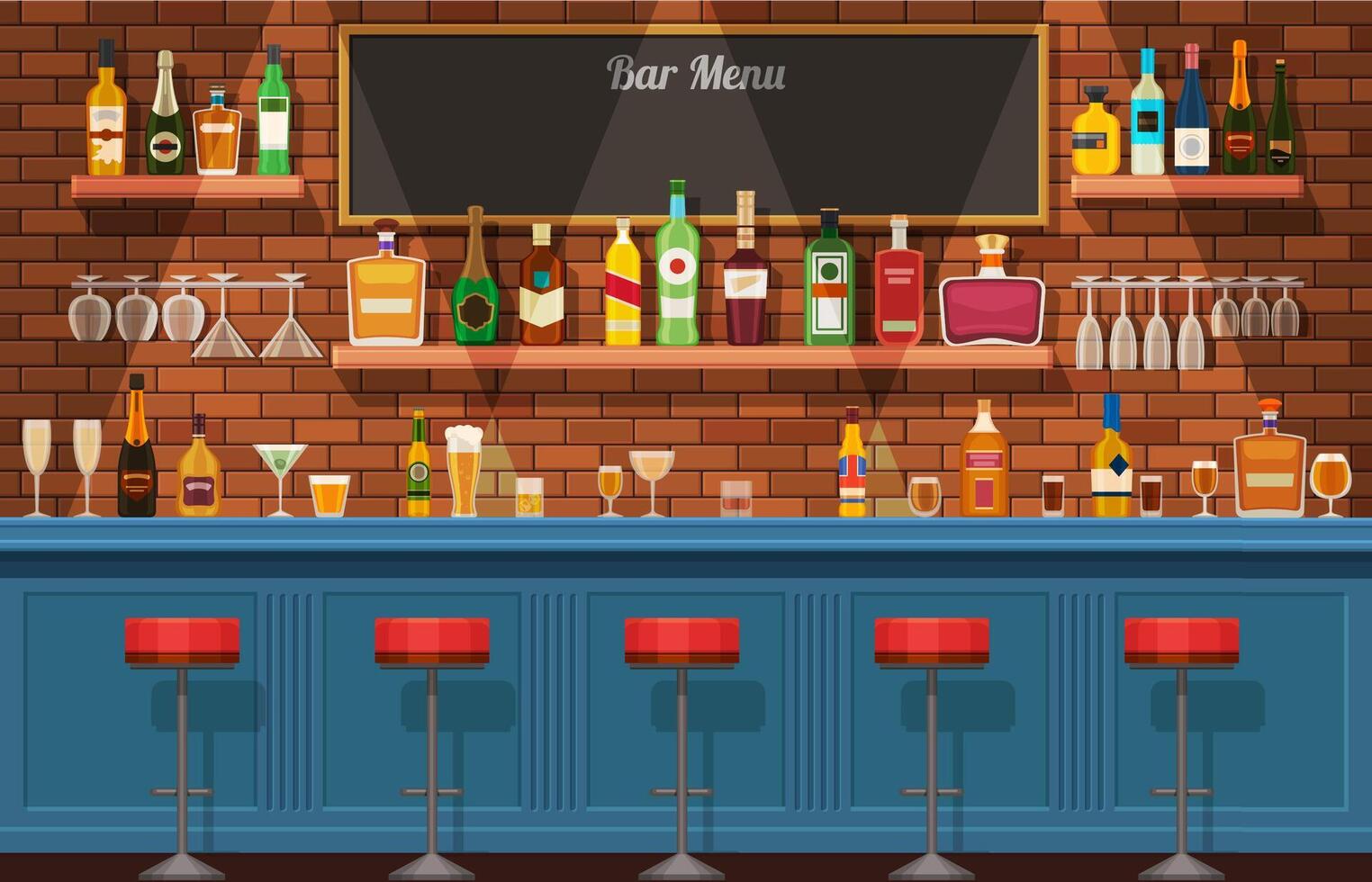 bar encimera. pub o Club nocturno interior con mesa y sillas. botellas y lentes con alcohólico bebidas plano alcohol estantería vector concepto