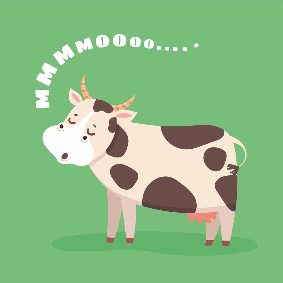 Cartoon cow. Happy farm cattle on grass field. Cute cow goes moo. Milk and dairy product funny animal mascot character or logo vector design