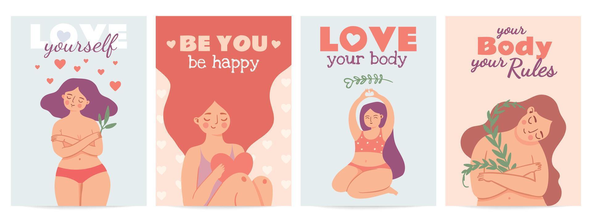 cuerpo positivo carteles, mujer amor tú mismo pancartas vector