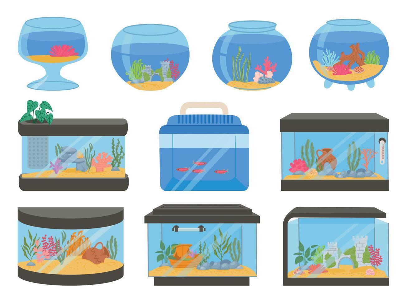 Cartoon empty glass aquarium tanks with decorations, sand and plants. Square and sphere fish bowls and container. Home aquariums vector set
