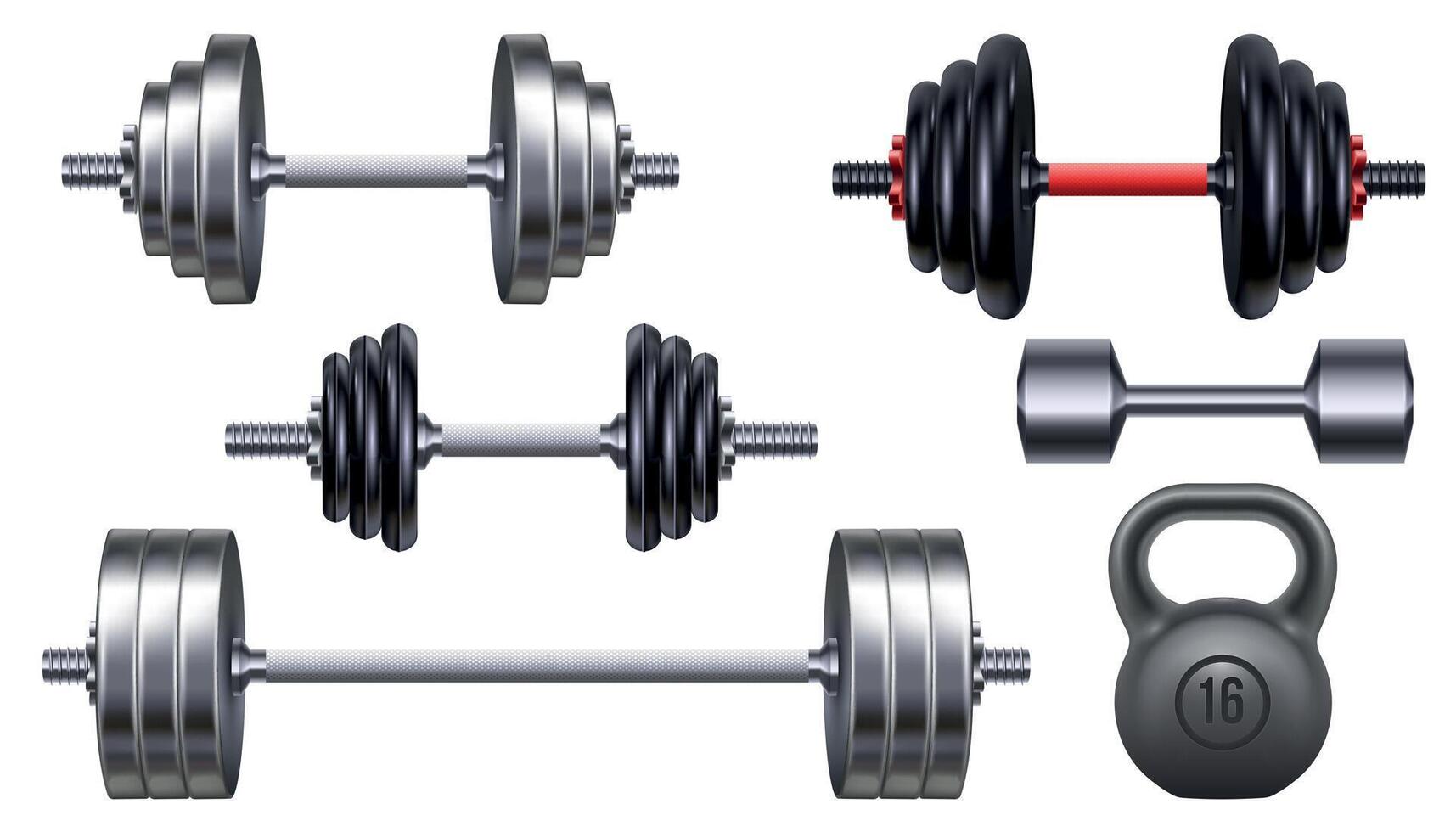 Realistic metal dumbbells, kettlebell and barbell for gym weight training. 3d fitness and bodybuilding exercise iron equipment vector set