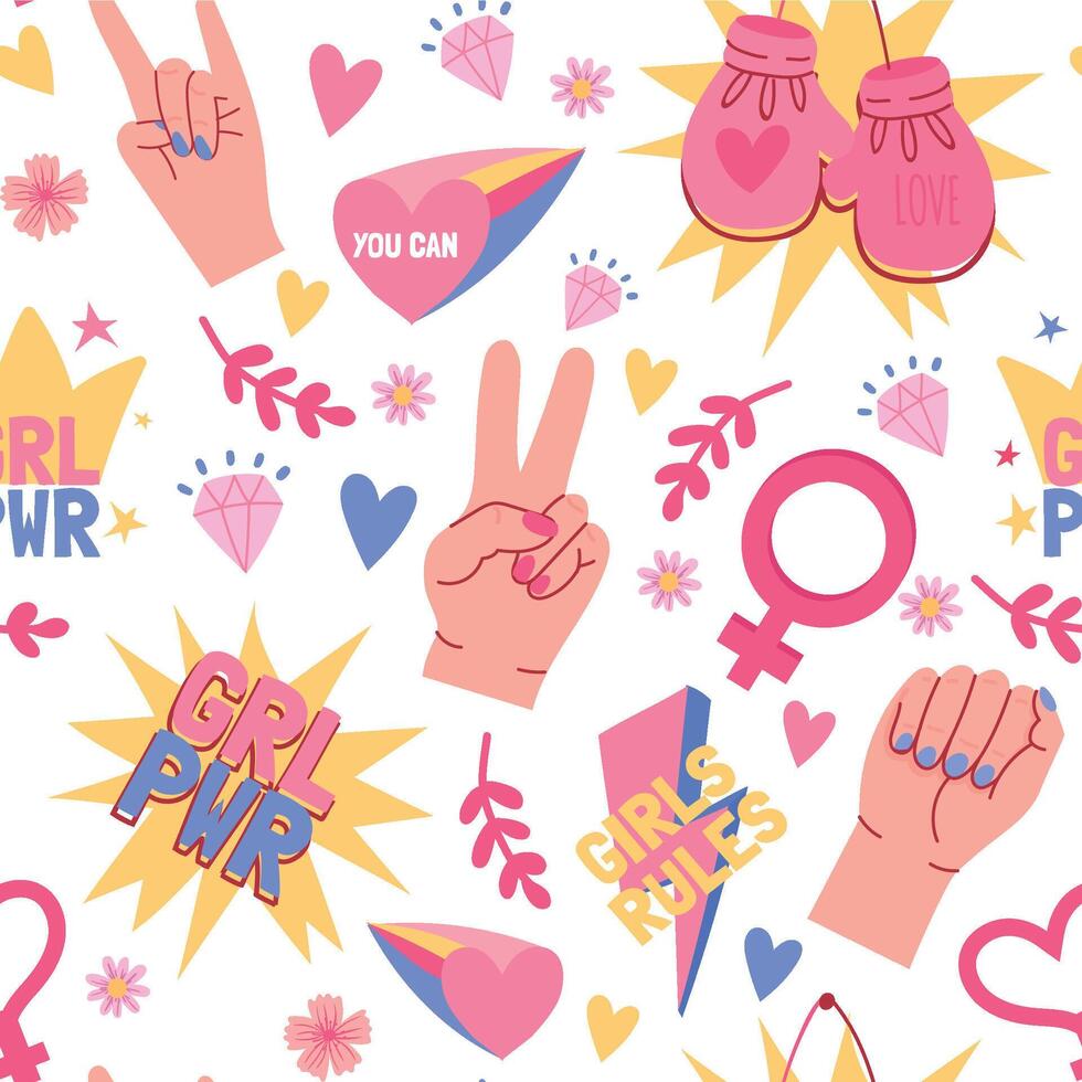 Feminist seamless pattern with female hands, fists and grl pwr slogans. Women sisterhood community power, motivation symbols vector print