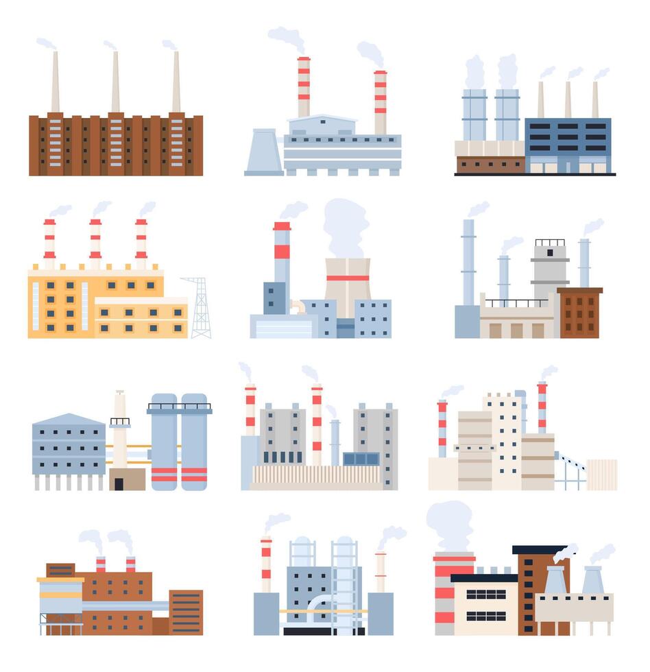 Manufacturing factory. Industrial building, electricity station, nuclear power plant and chemical complex with chimney. Factories vector set