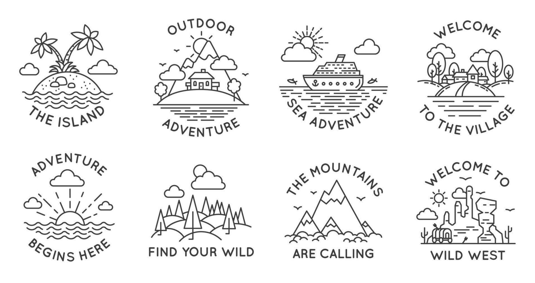 aventuras línea insignias al aire libre viaje logos y emblemas con montaña, cabina en bosque, tropical isla, pueblo y Oceano transatlántico, vector conjunto