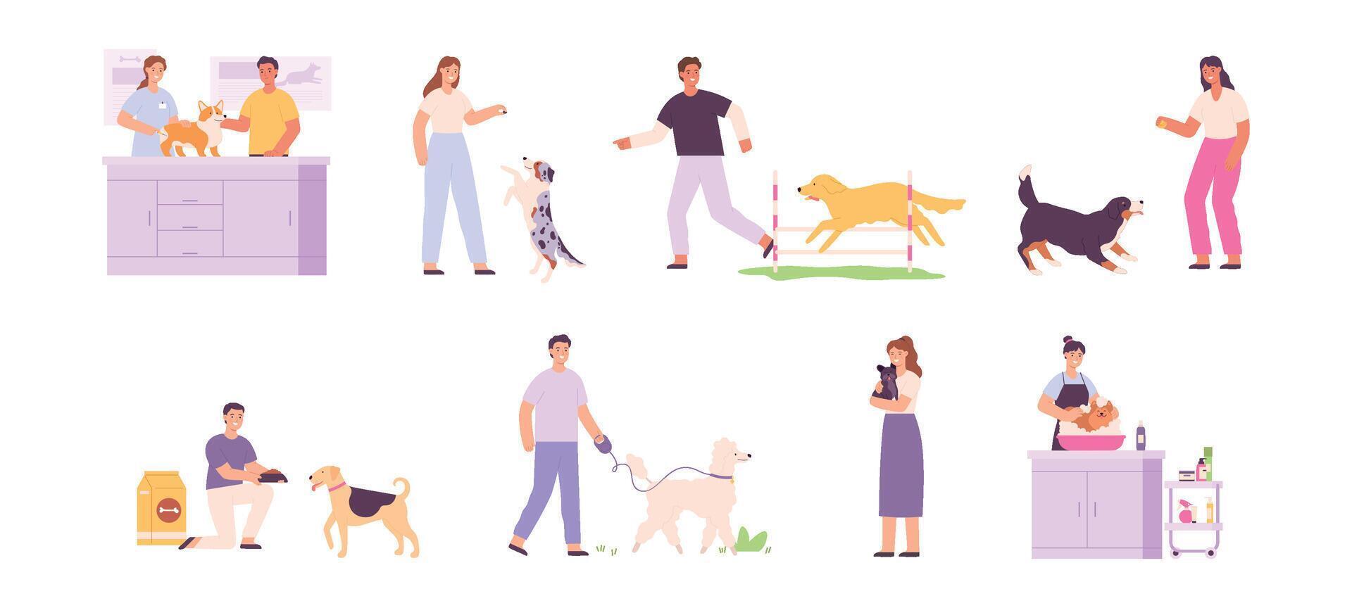 People taking care of dogs, feed, walk, hug and groom. Dog owner life. Veterinarian. Shelter volunteer with street dog. Puppy pet vector set