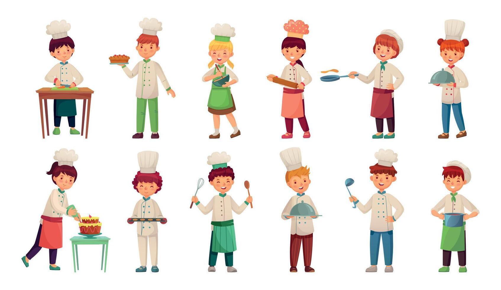 dibujos animados niños cocineros, chico y niña en blanco traje y sombrero vector