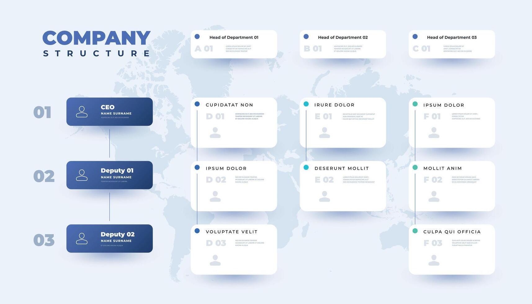 Business organization table. Company structure infographic template with corporate hierarchy elements. Vector illustration