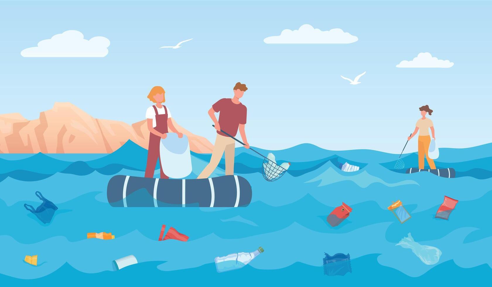 Volunteers cleaning sea, collect trash and plastic vector
