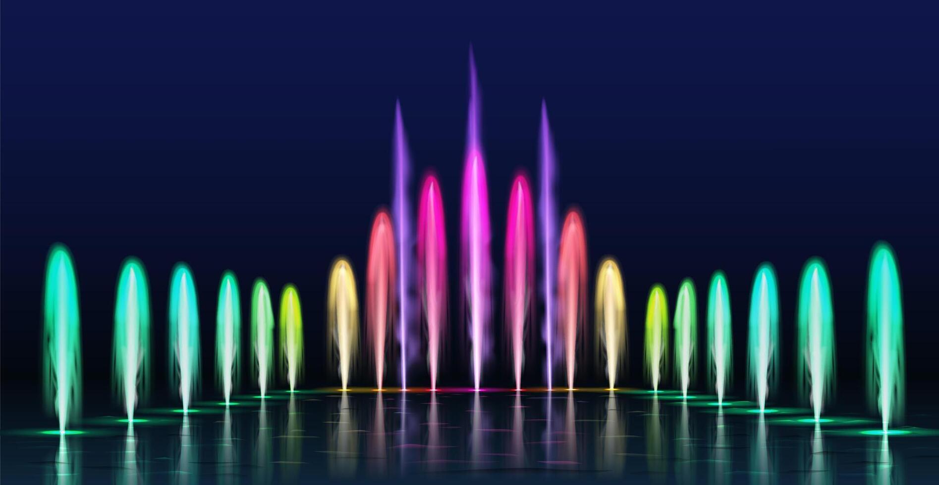 Fountains show. Realistic colored dancing water jets in night. Fountain cascade with lights for park decoration, 3d aqua sprays vector set