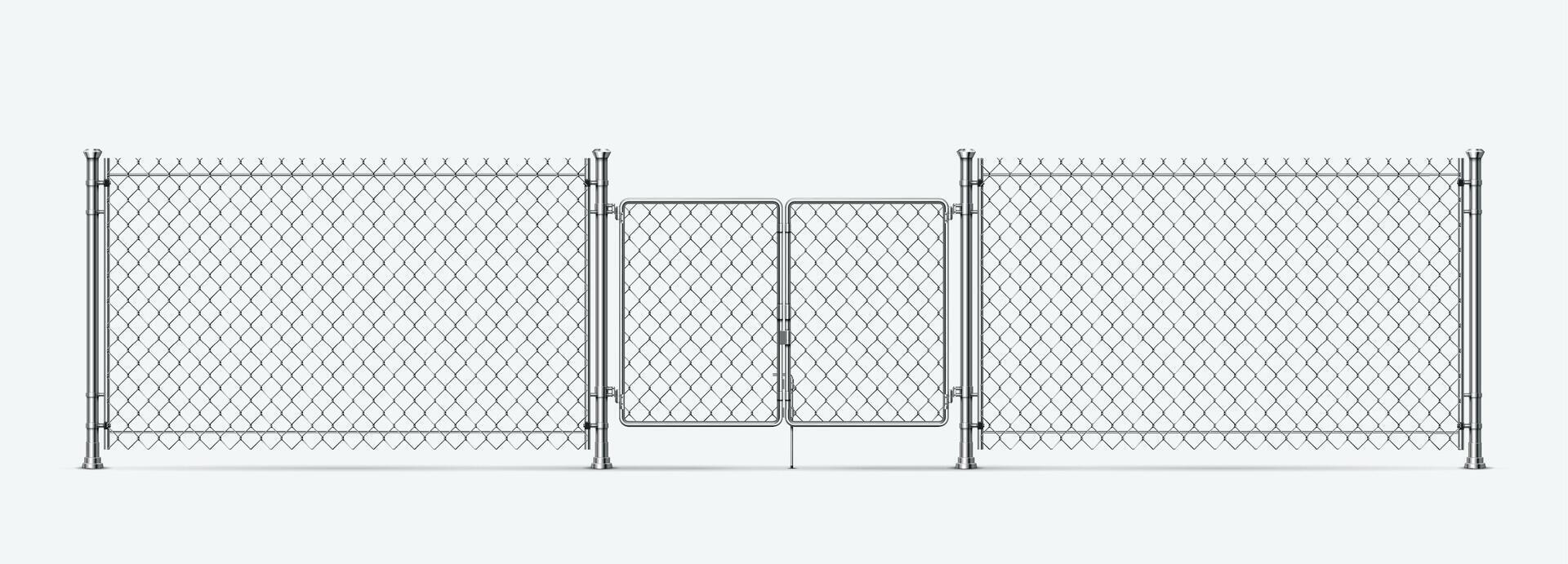 Realistic steel wire fence with gates and metal columns. Barrier chain link mesh with door. 3d prison or military wire border vector element