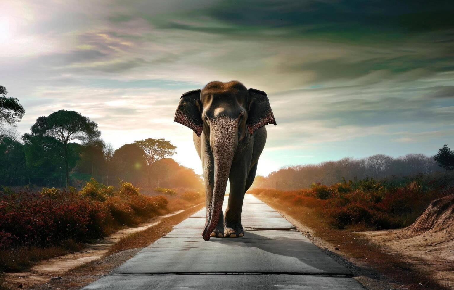 AI generated a young elephant walking down the road beside a scenic sunset photo