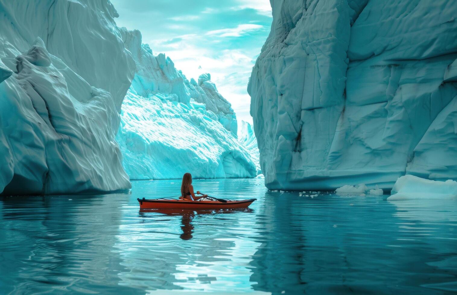 AI generated a woman is floating on a canoe under icebergs photo