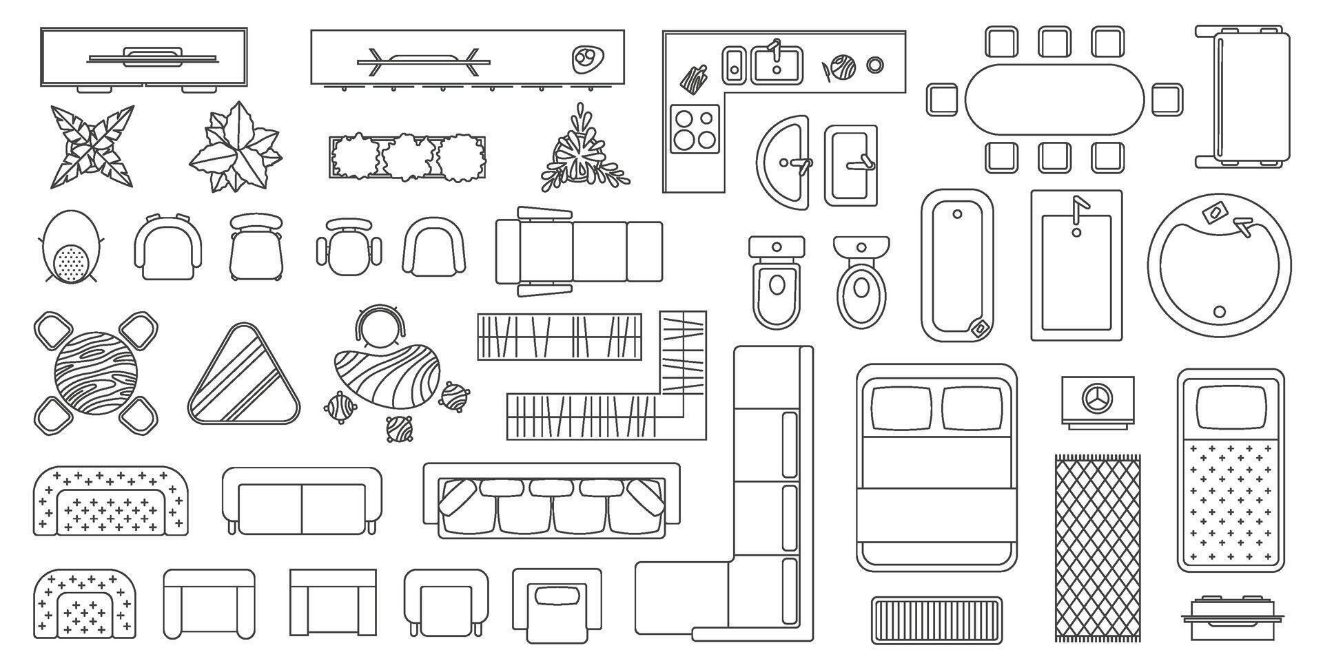 House floor plan furniture top view line icons. Apartment interior blueprint map elements. Table, seats, sofa, bath and toilet vector set