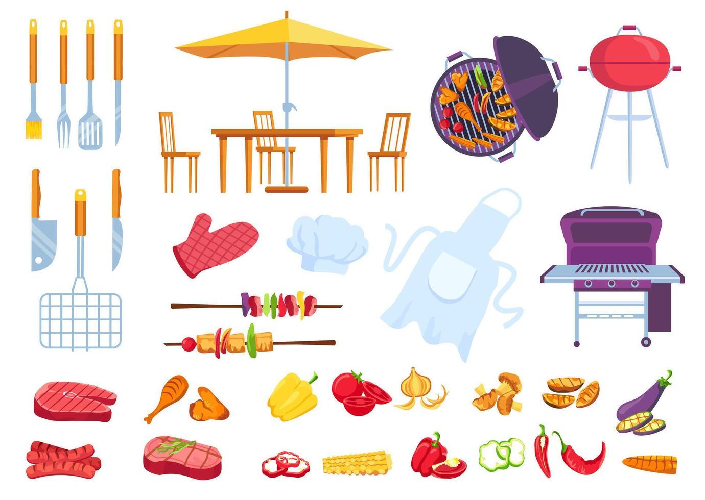 Bbq picnic food. Barbecue cooking steak, meat, fish and chicken. Cook apron, spatula, fork and knife. Cartoon summer grill party vector set