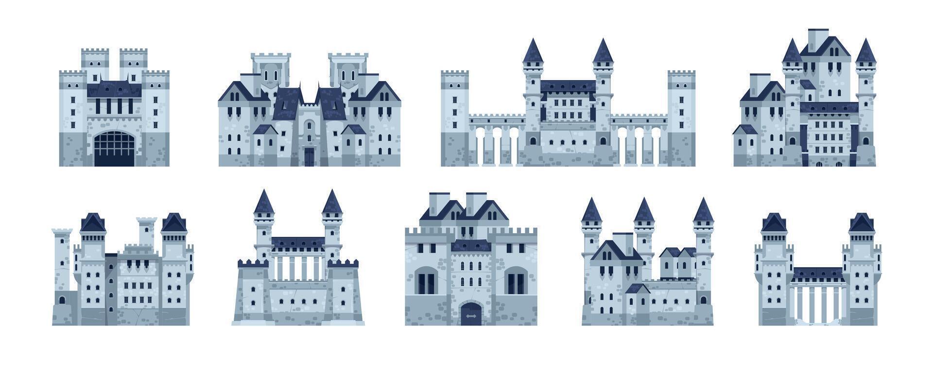 Medieval castles. Cartoon fairytale fortress of old kingdom with stone walls, gate and turret. Vector ancient gothic palace set