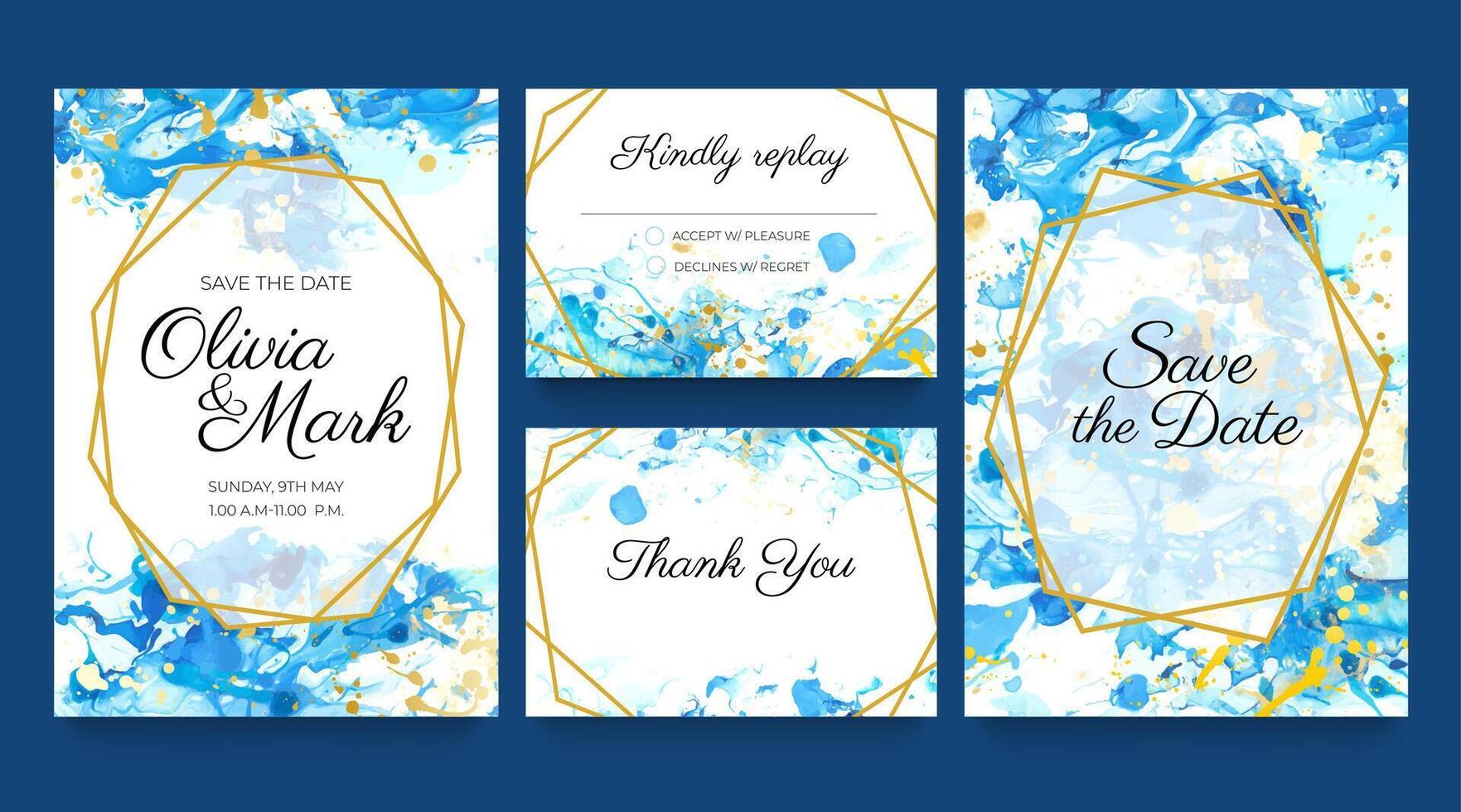 Watercolor wedding invite cards. Blue and gold invitation templates with liquid paint splatters and golden frames. Save the date vector set