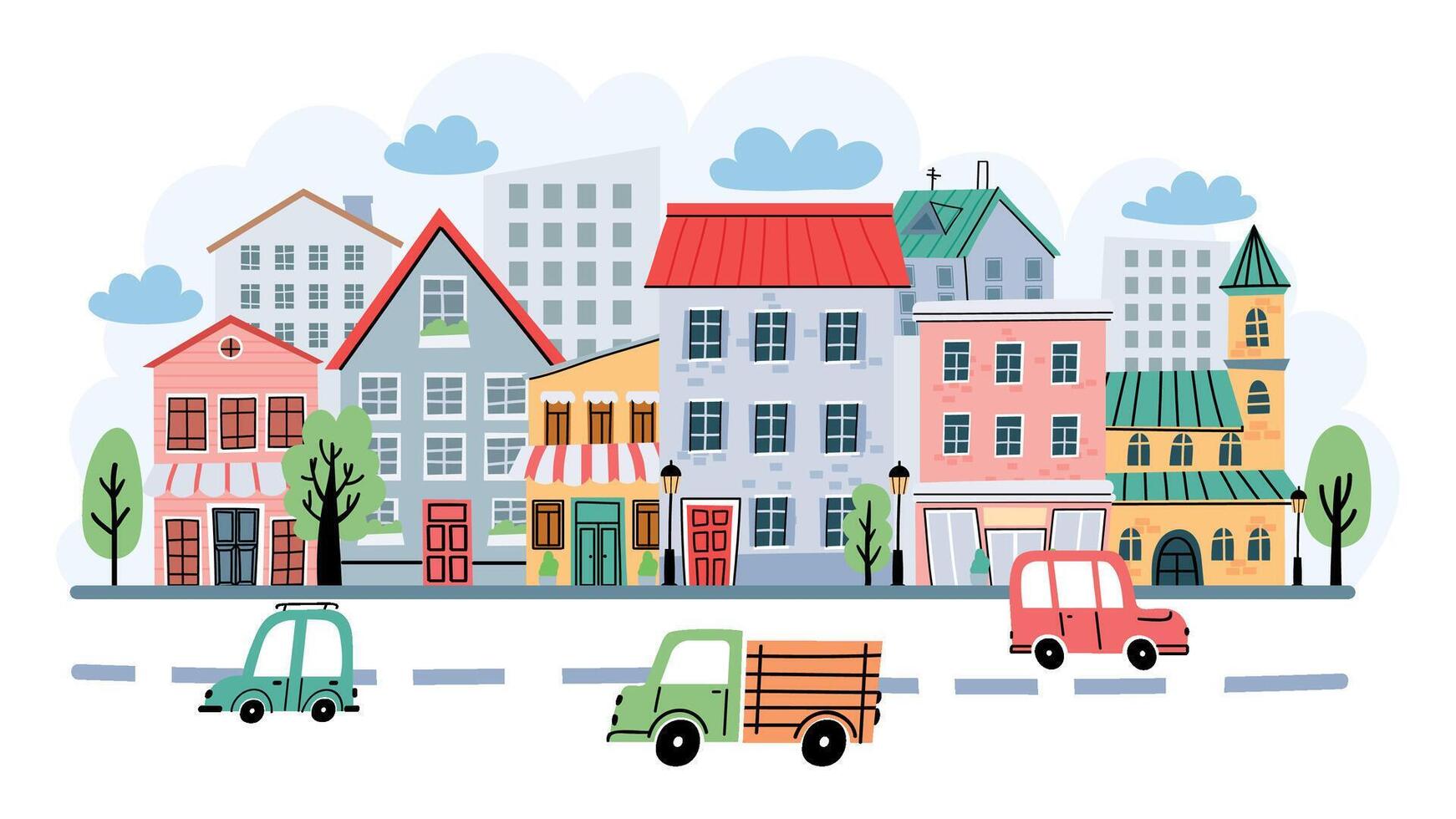 Childish town street landscape with houses and cars on road. Cute city in scandinavian style. Cartoon village buildings vector background