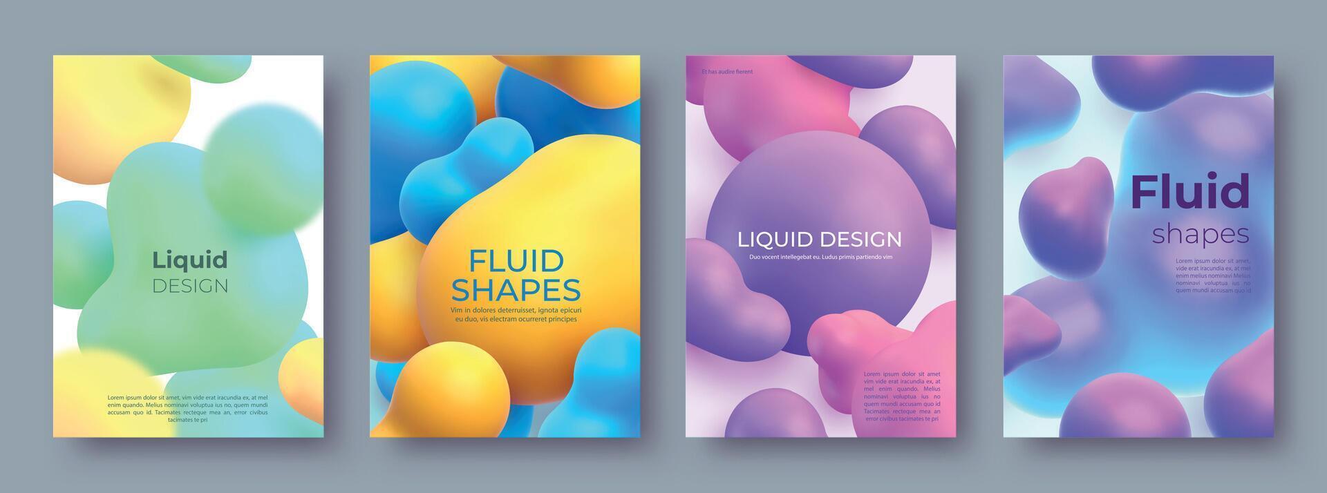 Abstract posters with flowing fluid 3d balls and blobs. Morphing liquid shapes design. Modern paint bubbles and blots vector background set