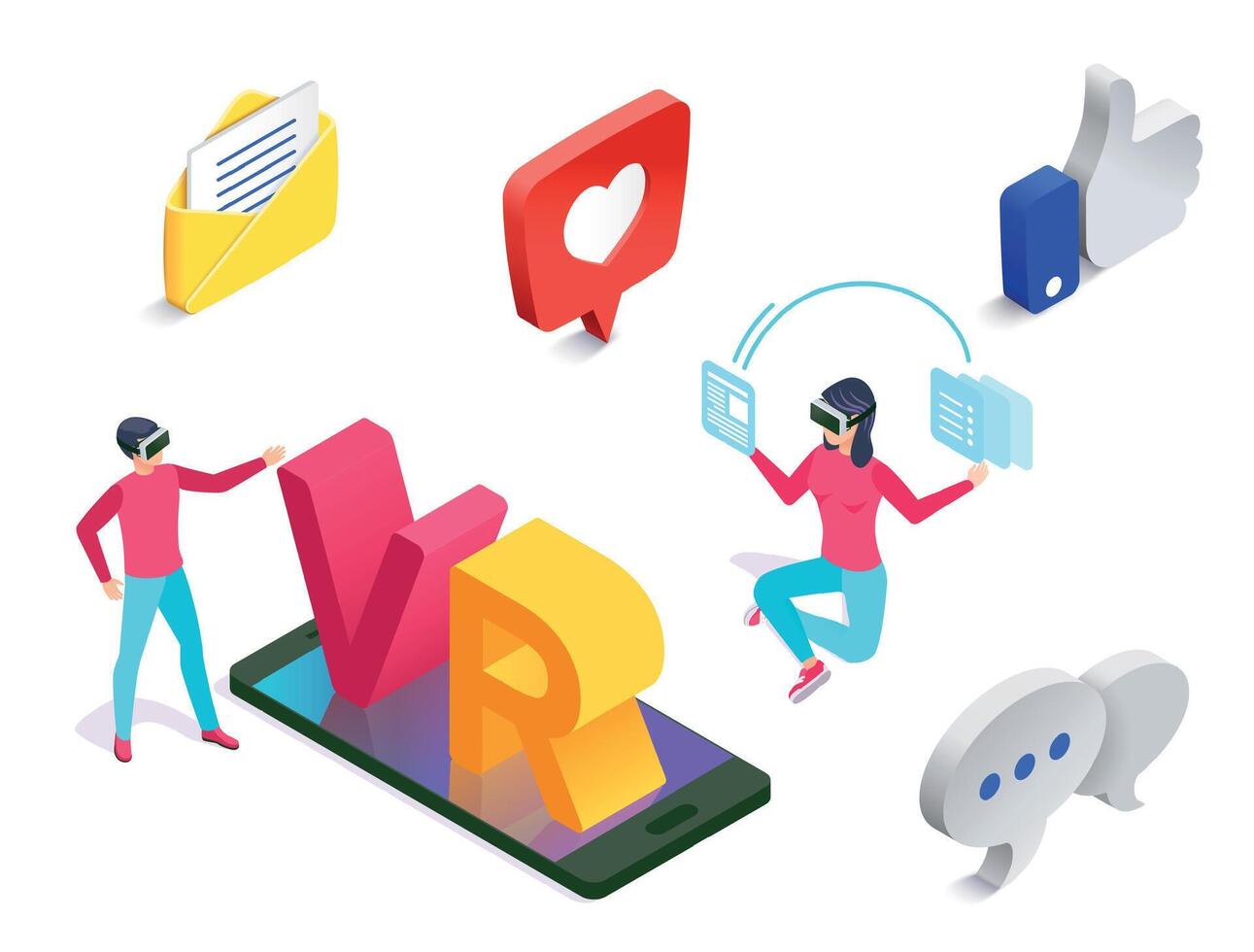 Isometric virtual love. Man and woman in virtual reality glasses communicating using smartphone. Male and female characters vector