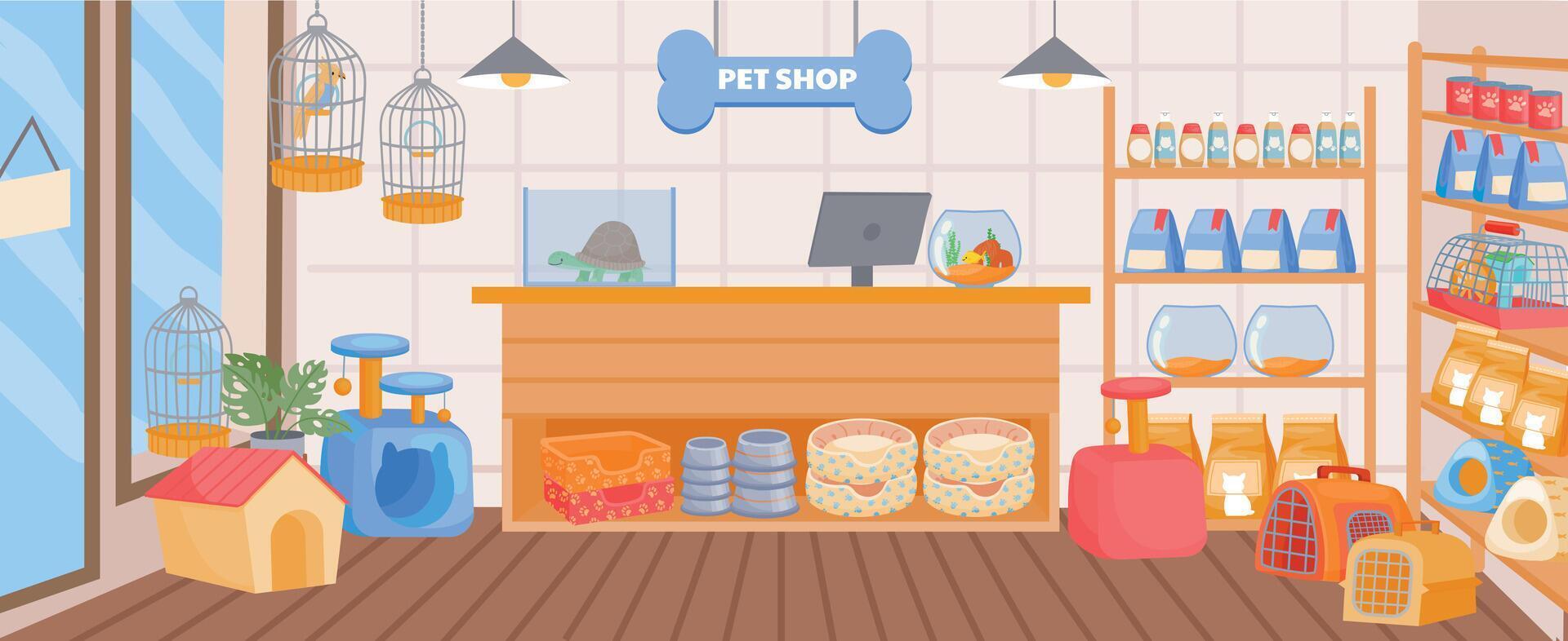 Cartoon pet store interior with counter desk and shelves. Empty animal shop indoor with accessory, toy, food. Zoo supermarket vector concept