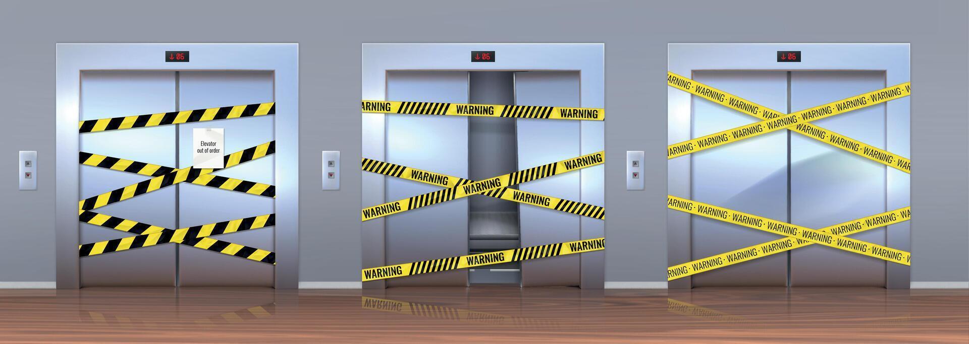 Realistic 3d broken elevators on repair with warning yellow tape. Metal lift door with dent. Closed damaged elevator with caution vector set