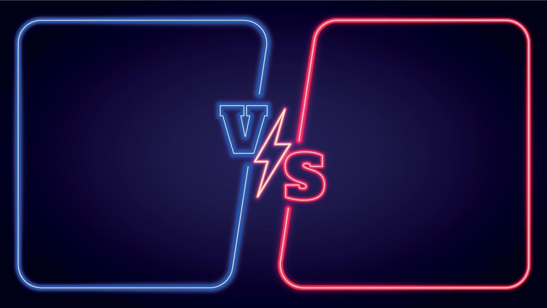 Blue vs red team battle neon background with glowing frames. Fight banner with versus symbol and lightning. Duel competition vector template