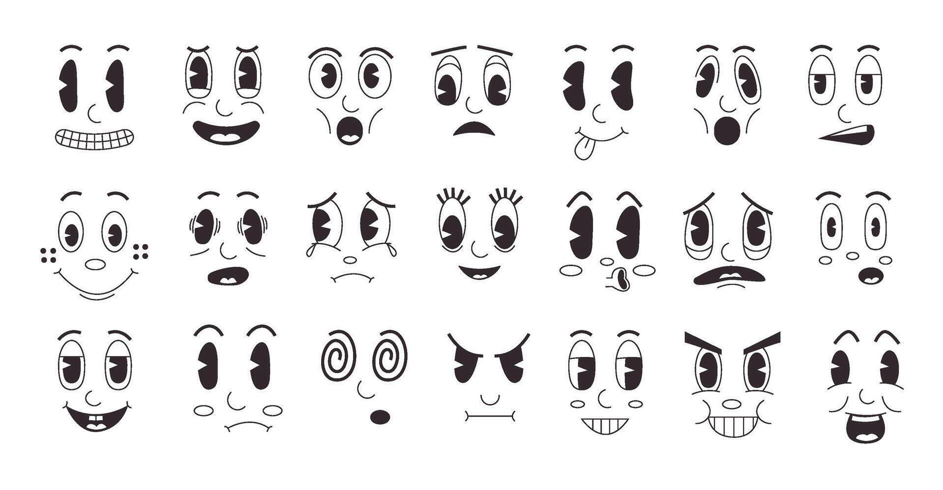 Cartoon retro faces. Doodle clip art funny emotions, old mascot face collection with comic smile. Vector set