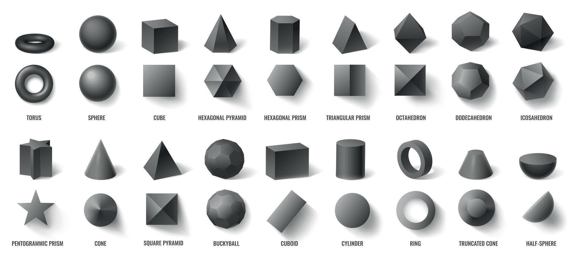 Realistic black basic geometric 3d shapes in top and front view isolated on white. Three dimensional objects vector