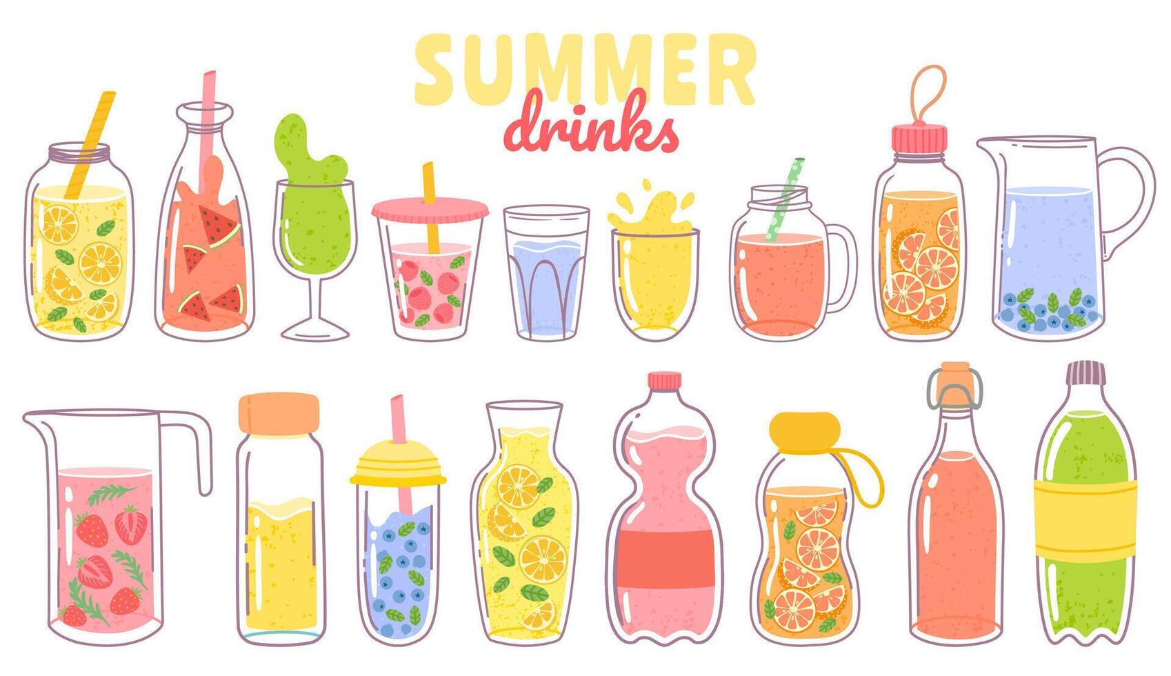 dibujos animados jugo y limonada. refrescante verano bebidas con limón en vaso, botella o jarra. Fruta o baya bebidas y cócteles vector conjunto