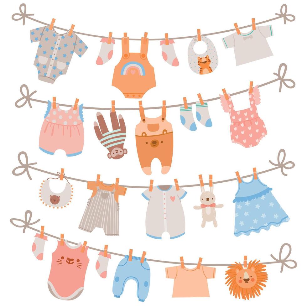 Baby clothes on rope. Newborn children apparel, socks, dress and toys hanging on clothesline. Kids laundry drying on clothespin vector set
