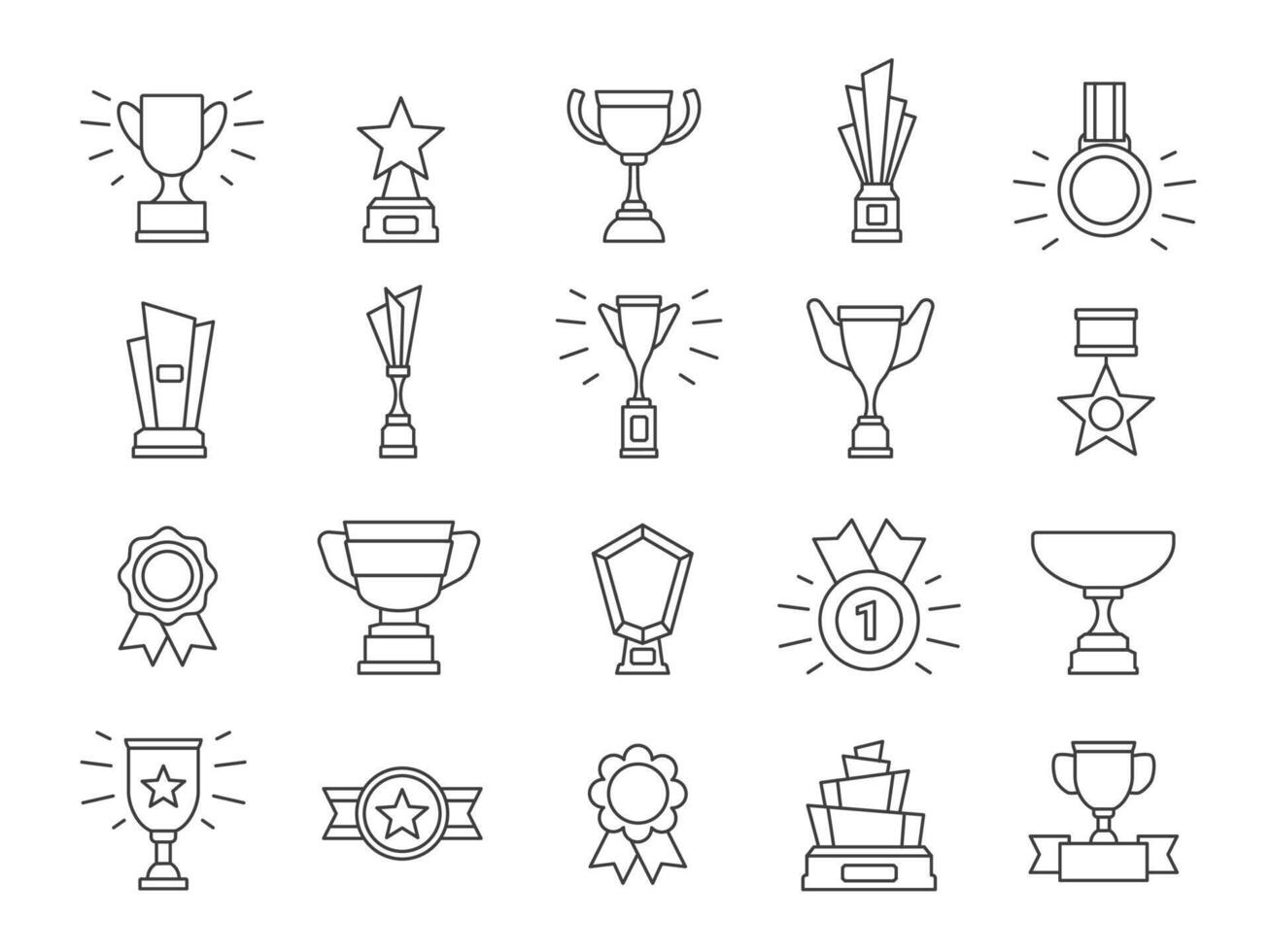 Champion line icons. Winner medals, award trophy cups and first prize badge. Outline competition victory reward, rank star symbol vector set