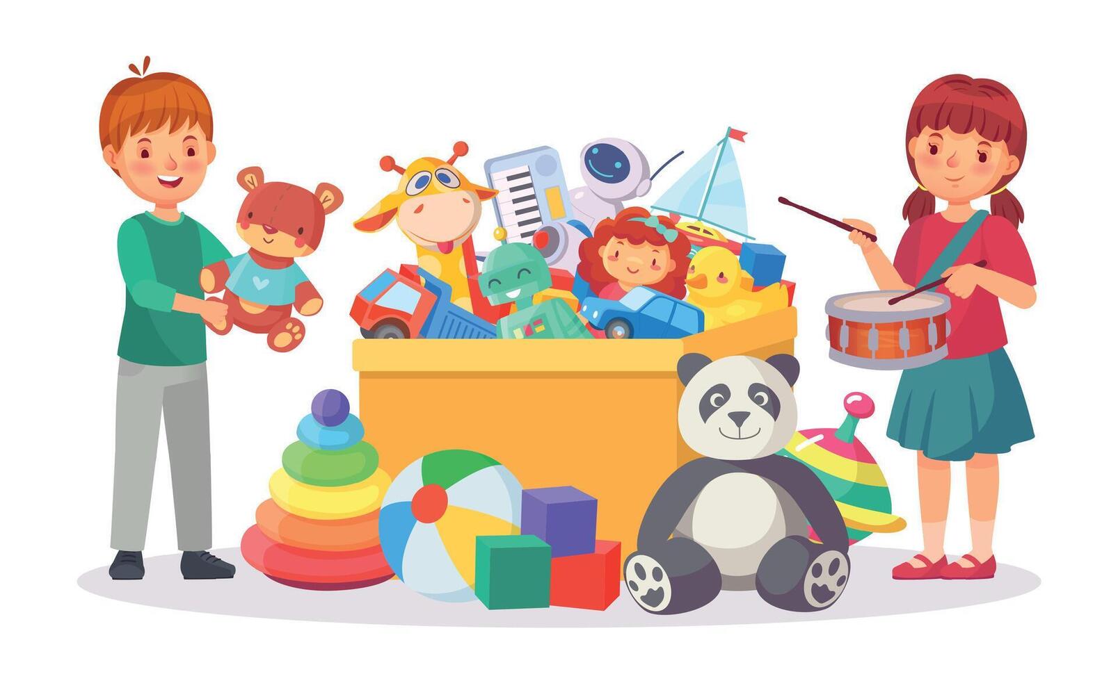 Cheerful kids playing with toys in box together vector