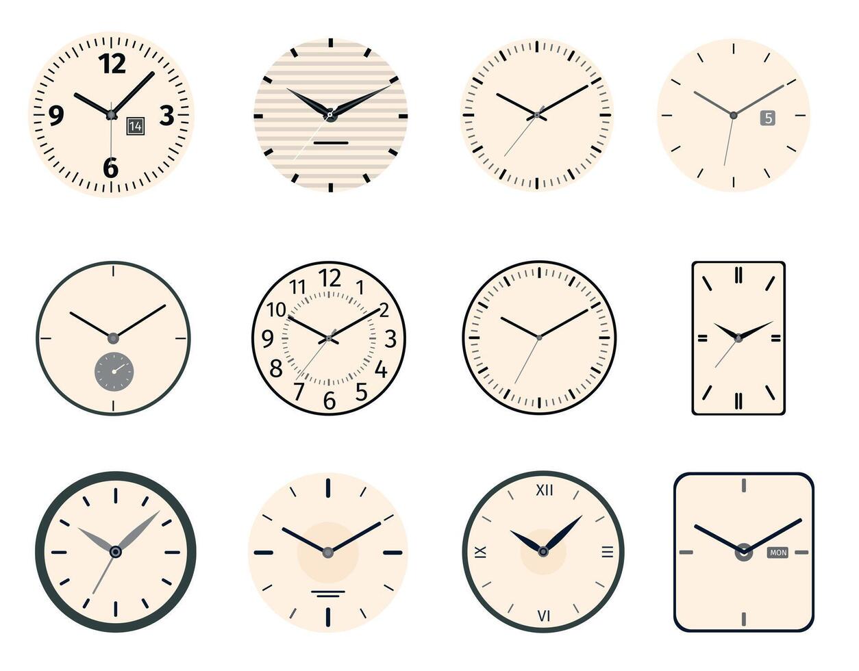 Classic and vintage clock and watch faces circle and rectangle designs
