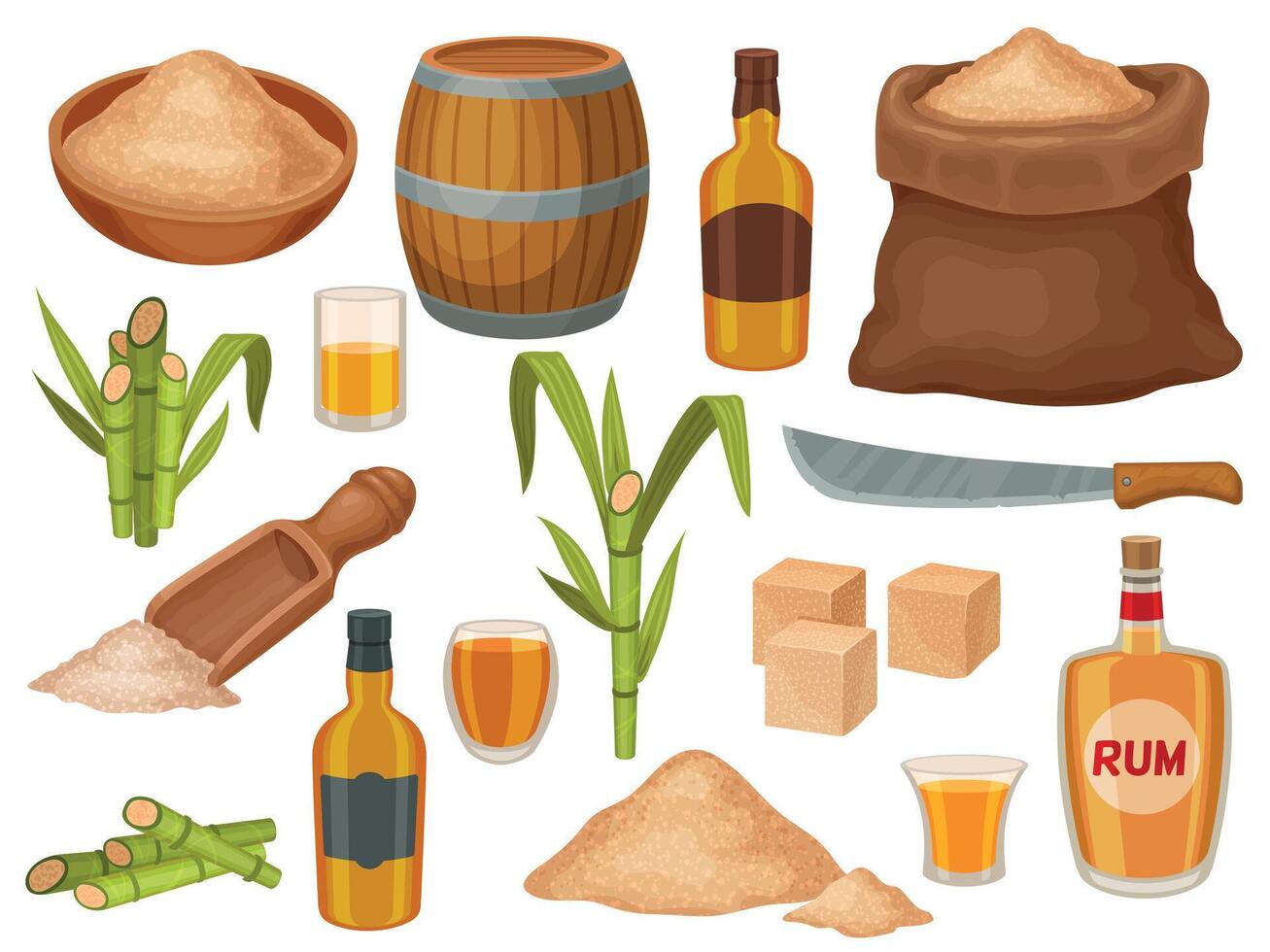 Cartoon brown sugar, rum bottles and sugarcane plant. Natural cane sugar industry. Granulated sweet product heap, spoon and sack vector set