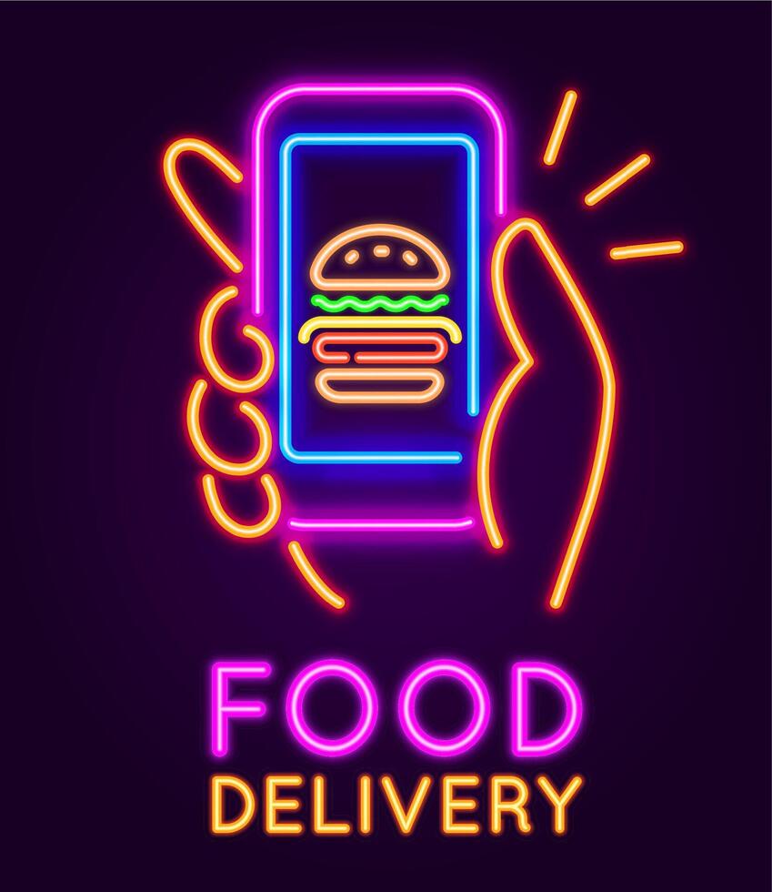 Food delivery neon sign. Glowing banner with hand holding smartphone with burger. Mobile app for online fast food cafe order vector concept
