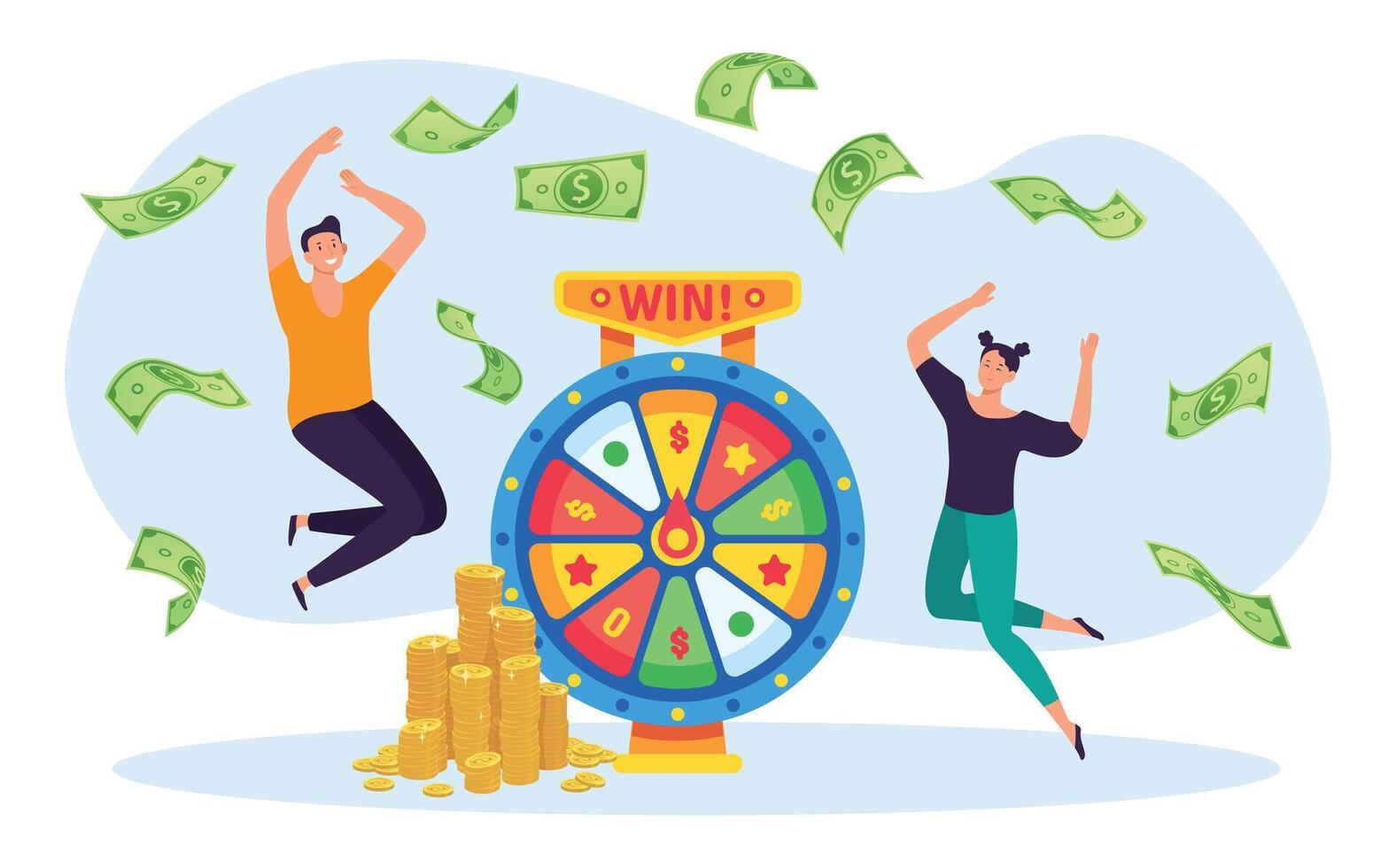 Online lottery game concept. Man and woman winning jackpot on spinning wheel. Characters jumping, money banknotes falling vector