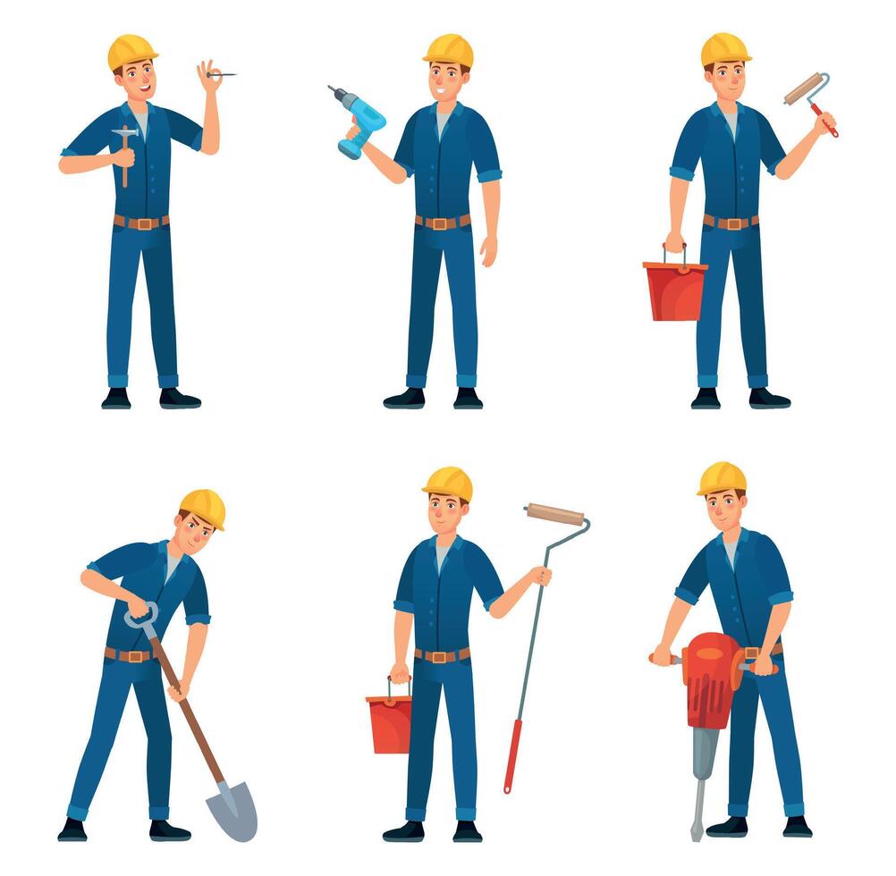 Cartoon builder characters, worker foreman and painter vector