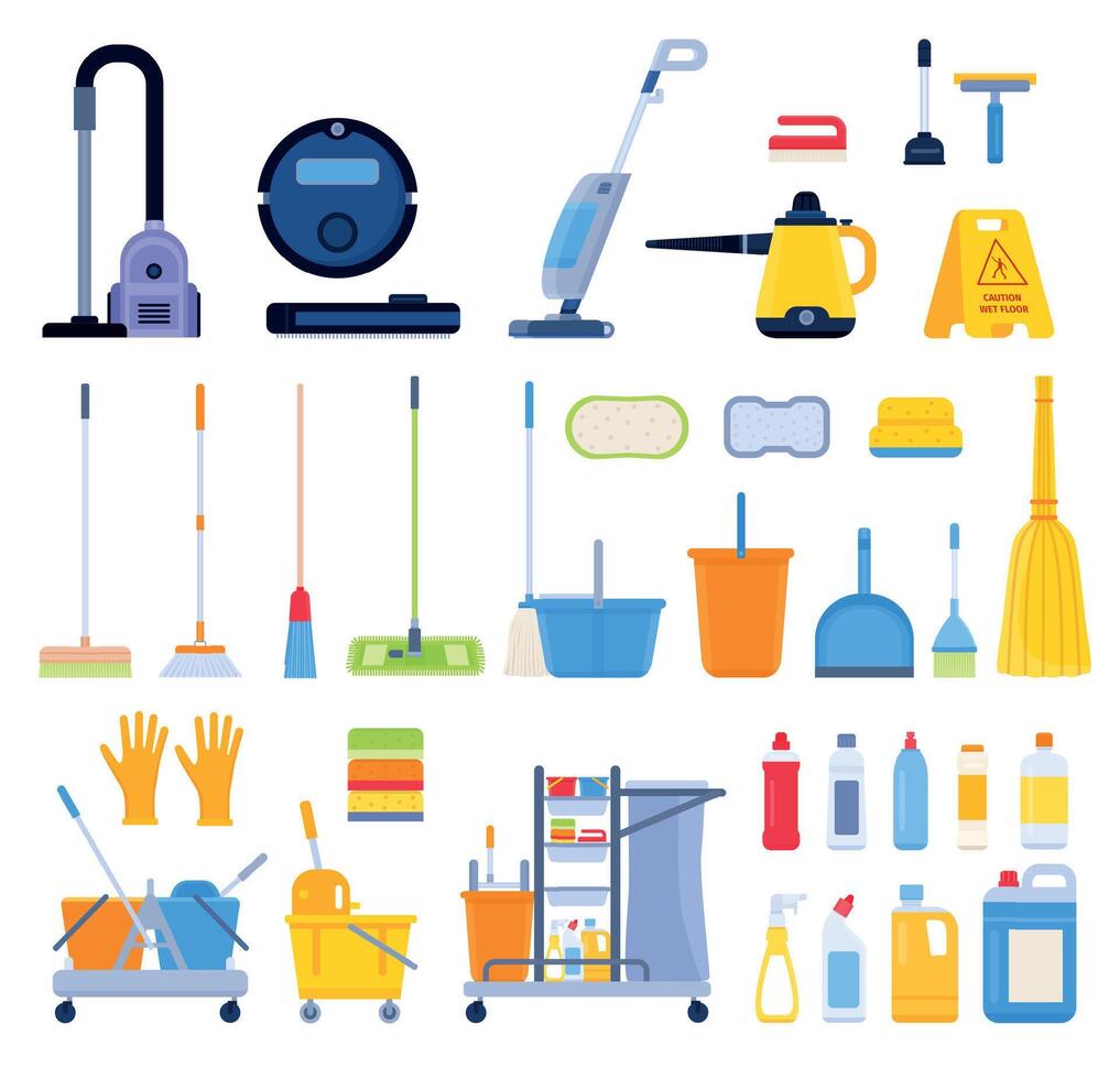 plano limpieza herramientas, escobas, harapos, cepillos y detergente botellas casa vacío limpiador, vapor fregar, cubos, esponjas y toallitas vector conjunto