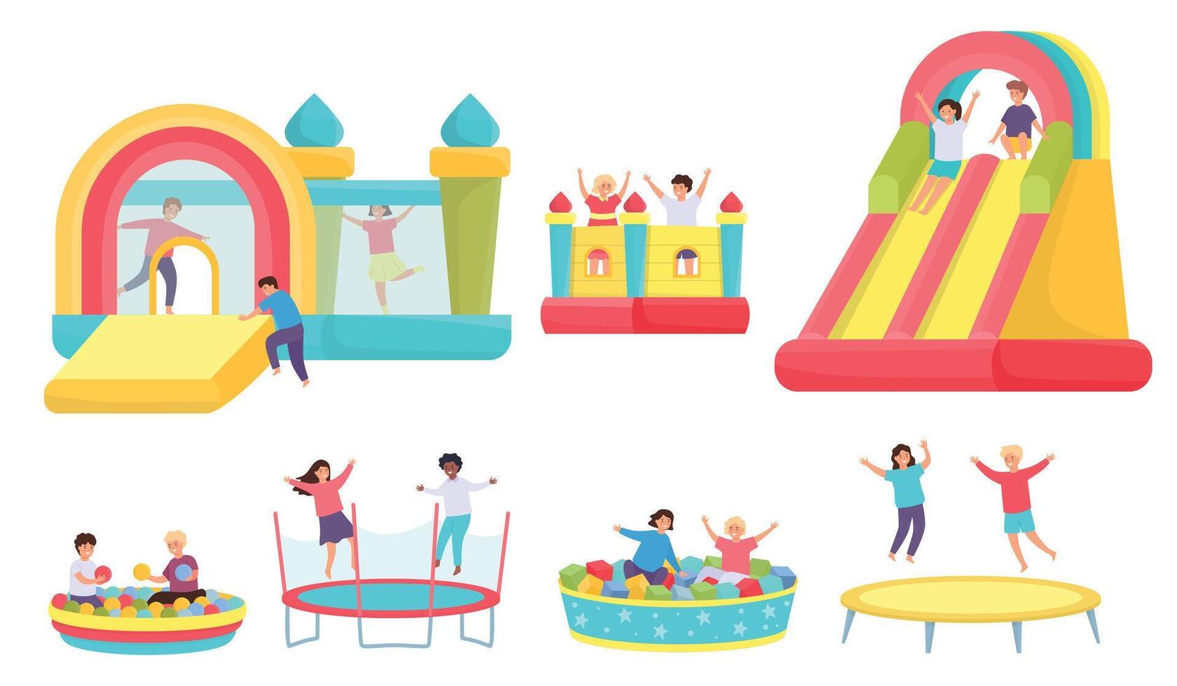 Children jumping on trampolines. Cartoon boys and girls in bouncy castle and inflatable trampoline. Kids in soft pool with balls vector set