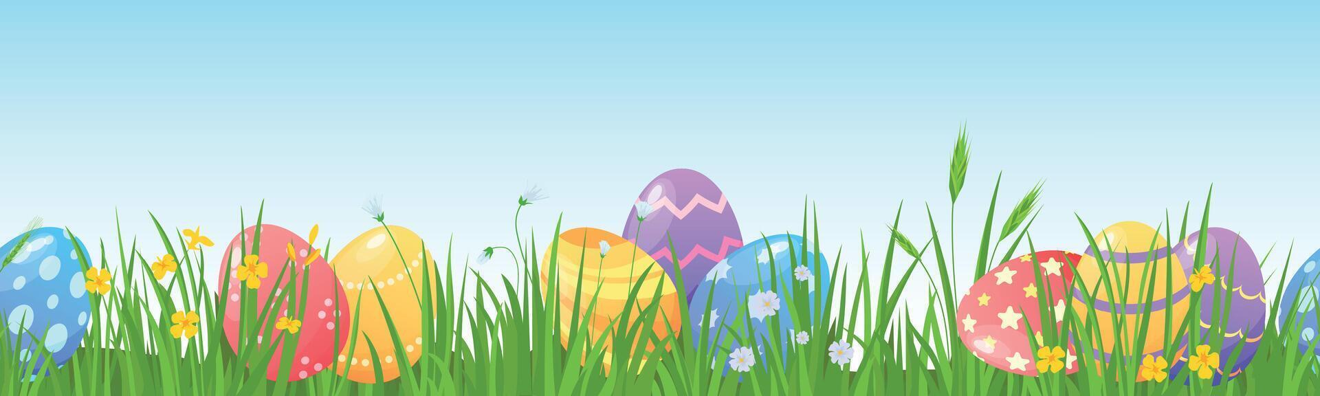 Cartoon easter eggs on meadow green grass seamless border. Spring lawn with painted egg and flowers. Happy easter day hunt vector background