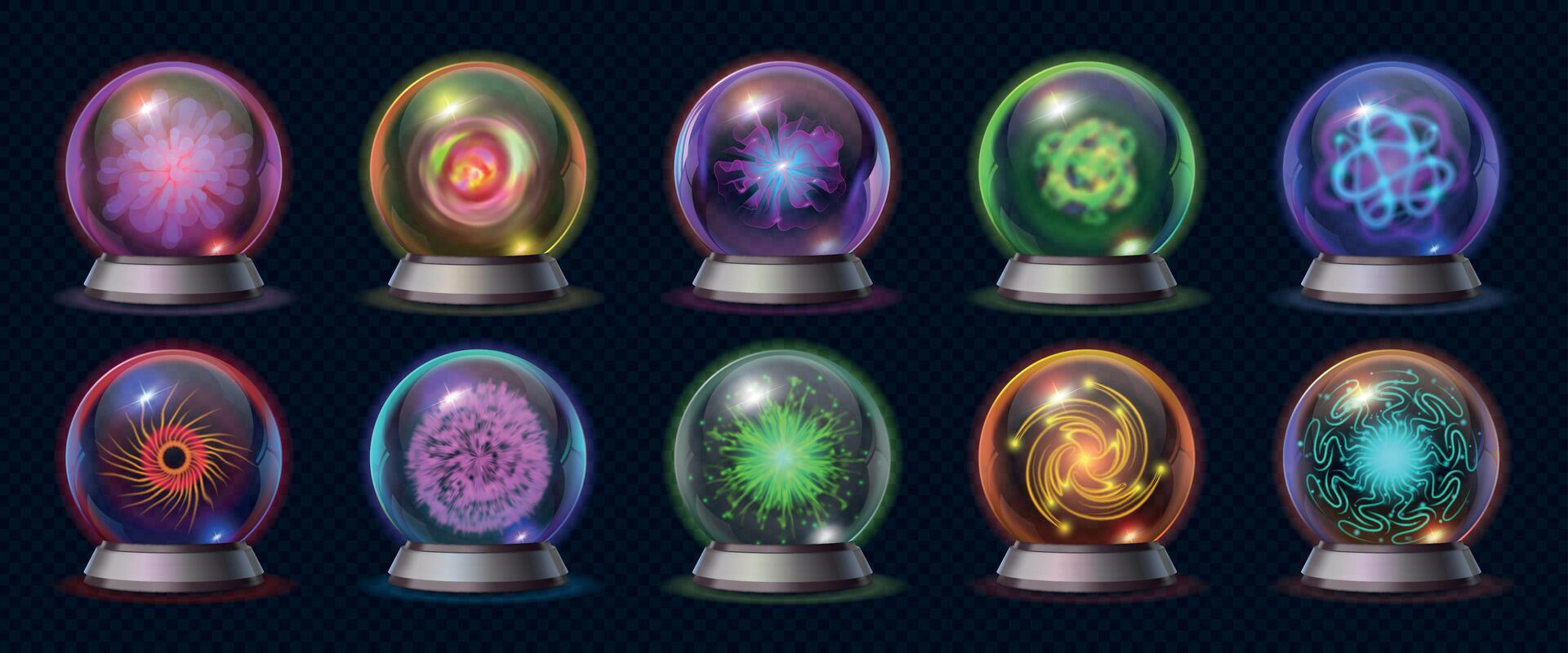 Realistic magic crystal ball with glowing energy and lightnings. Fortune predict sphere, occult glass globe with mystical effects vector set