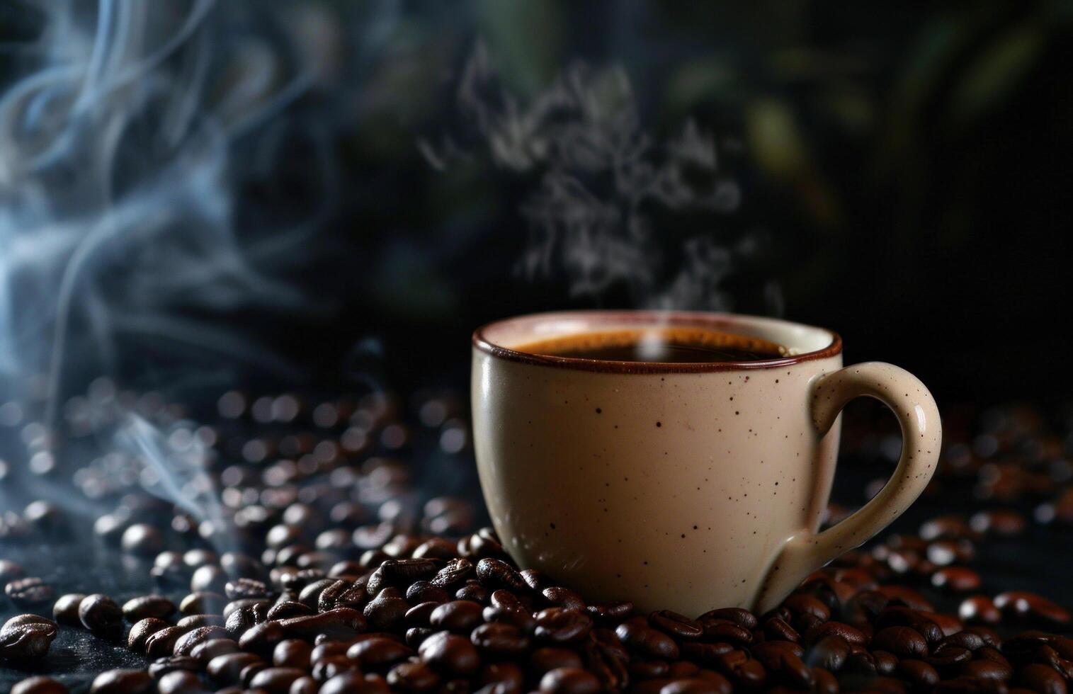AI generated coffee mug and coffee beans on a black background photo